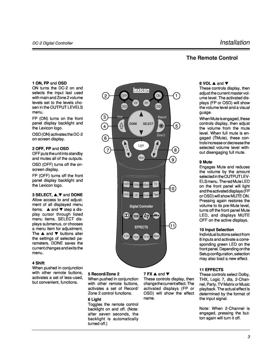 Lexicon DC-2 owner manual Installation, The Remote Control 