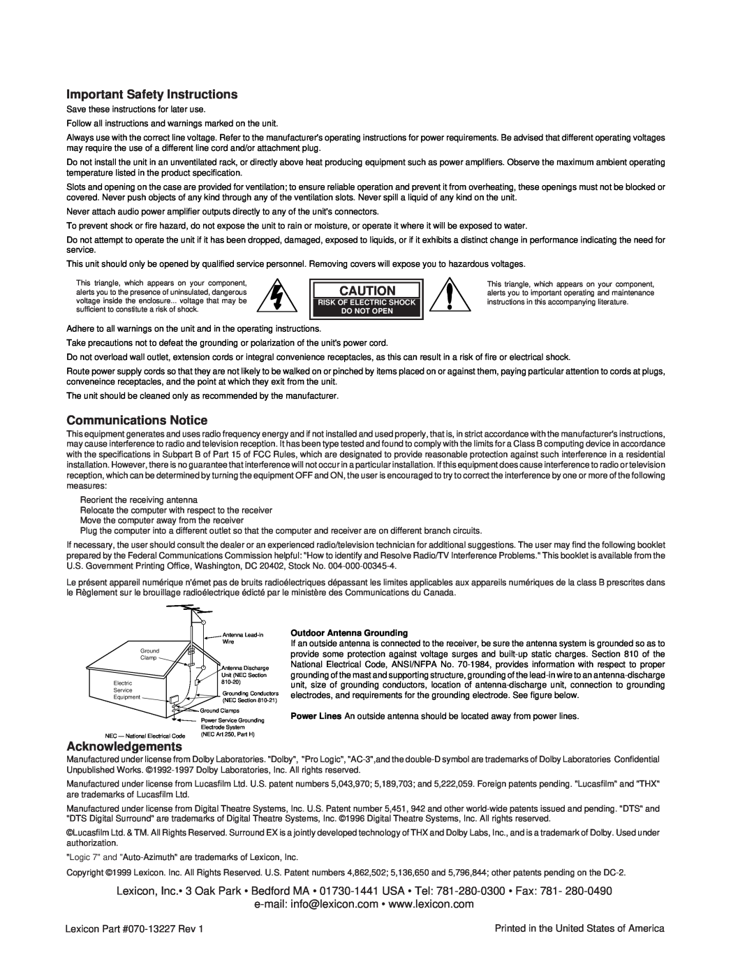 Lexicon DC-2 owner manual Important Safety Instructions, Communications Notice, Acknowledgements, Outdoor Antenna Grounding 