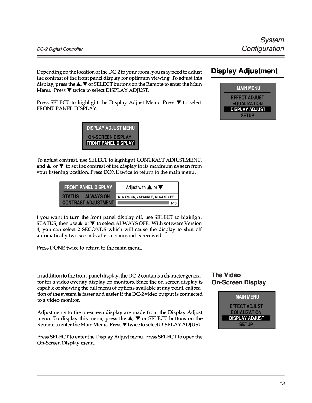Lexicon DC-2 Display Adjustment, The Video On-ScreenDisplay, System Configuration, Display Adjust Menu, On-Screendisplay 