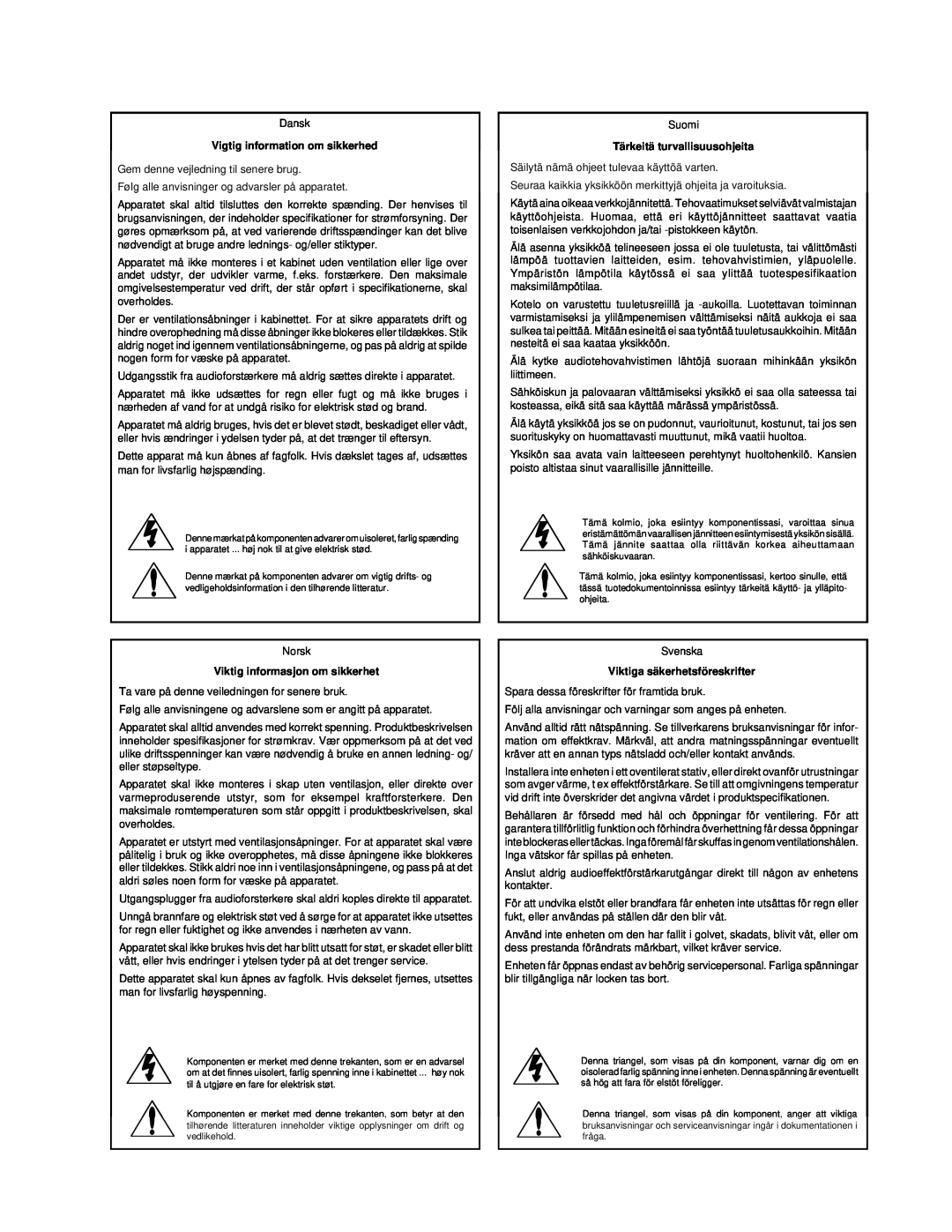 Lexicon DC-2 owner manual Vigtig information om sikkerhed, Tärkeitä turvallisuusohjeita, Viktig informasjon om sikkerhet 