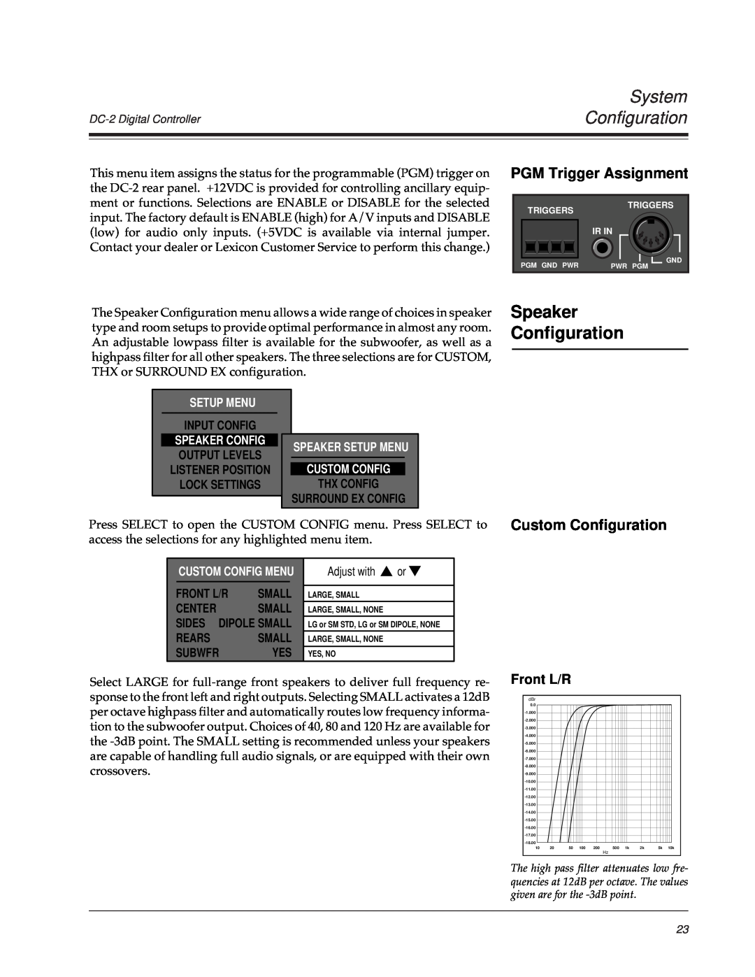 Lexicon DC-2 Speaker Configuration, PGM Trigger Assignment, Custom Configuration, Front L/R, System Configuration, Center 