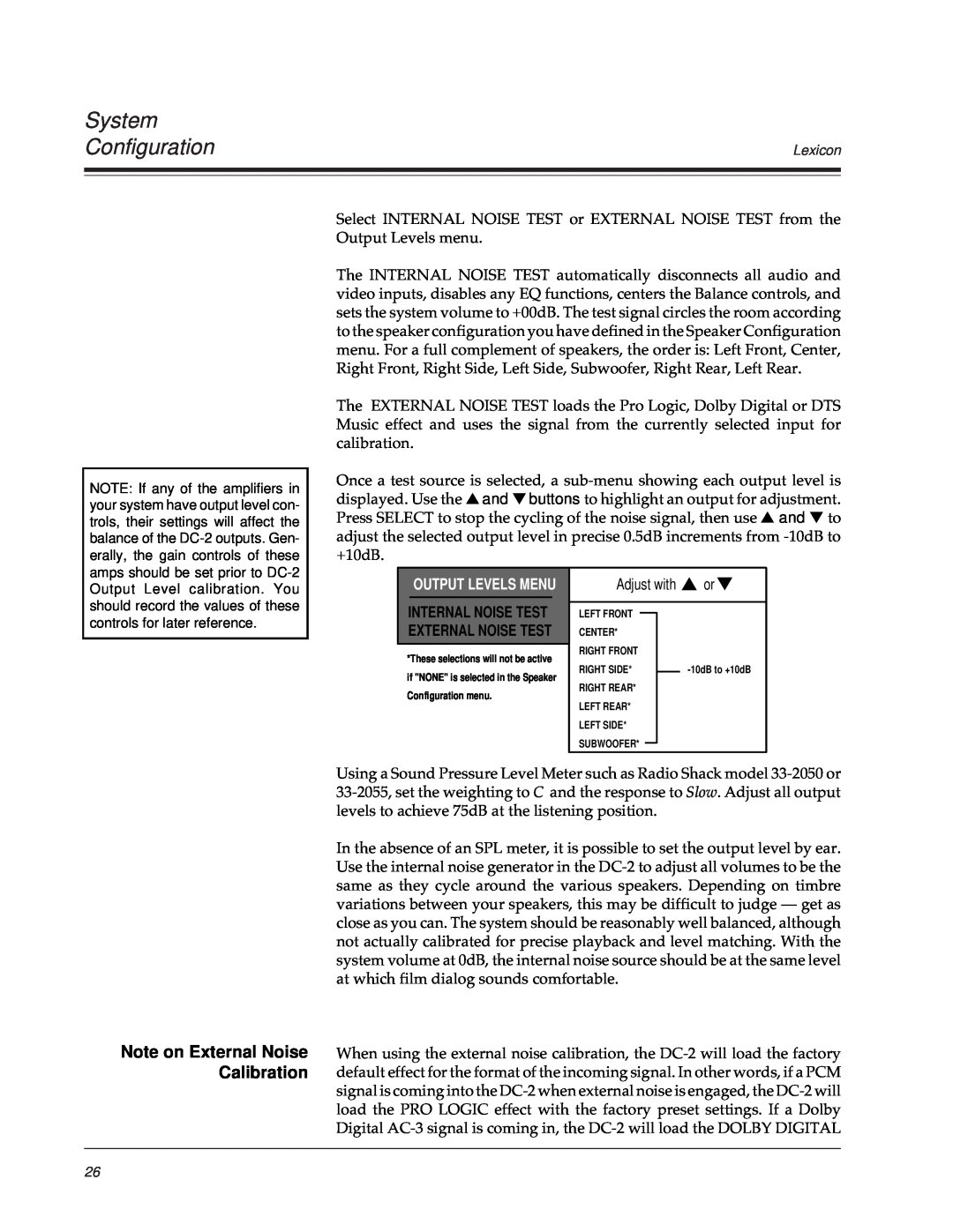 Lexicon DC-2 owner manual Note on External Noise Calibration, System Configuration, Output Levels Menu 
