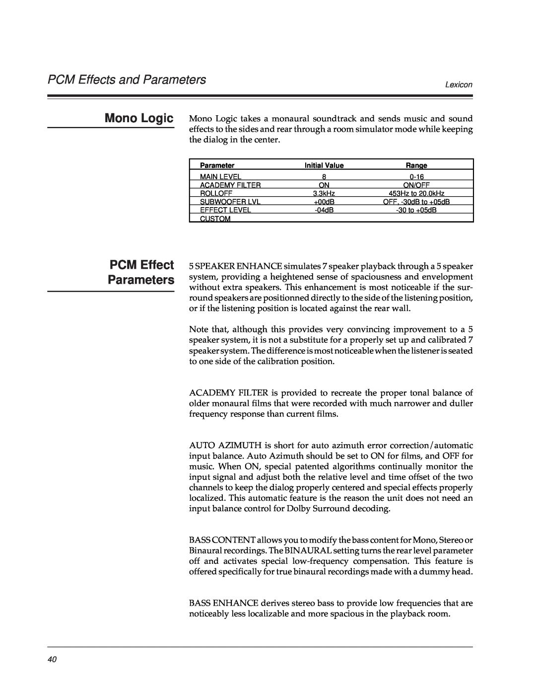 Lexicon DC-2 owner manual Mono Logic, PCM Effect Parameters, PCM Effects and Parameters 