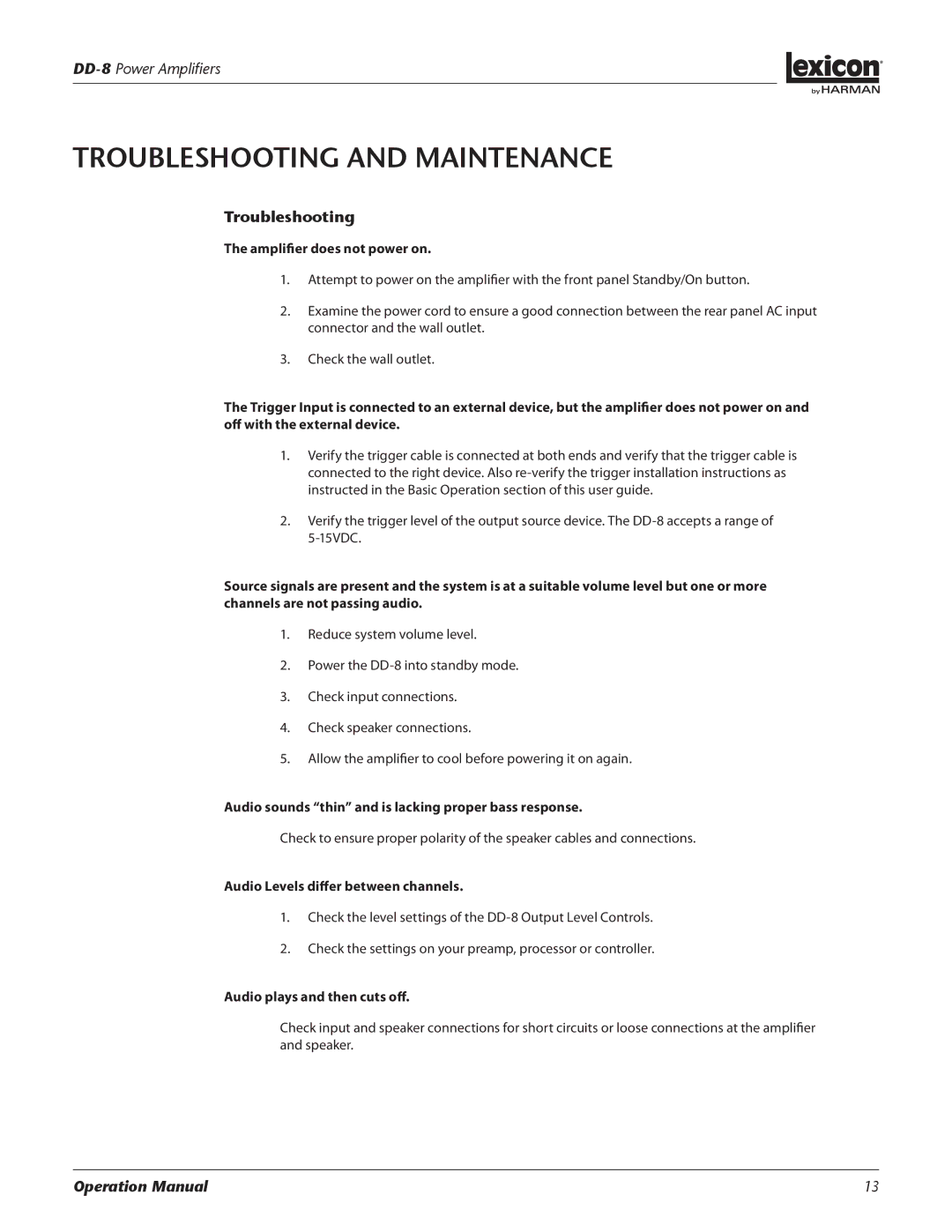 Lexicon DD-8 manual Troubleshooting and Maintenance 