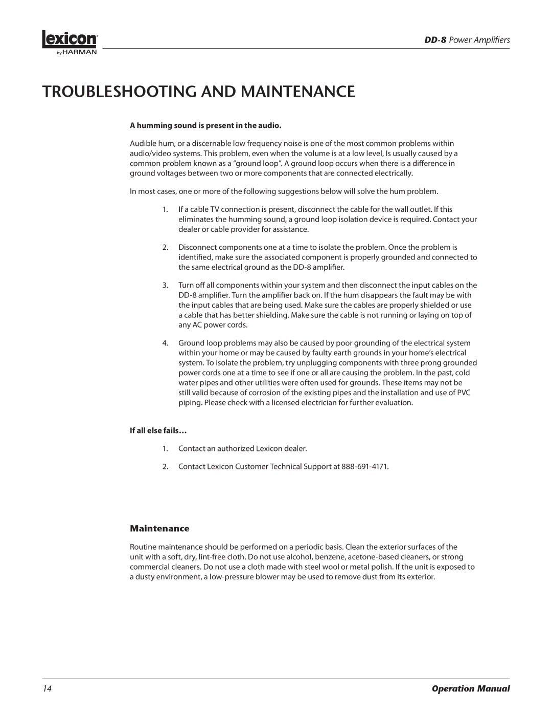 Lexicon DD-8 manual Maintenance, Humming sound is present in the audio, If all else fails… 