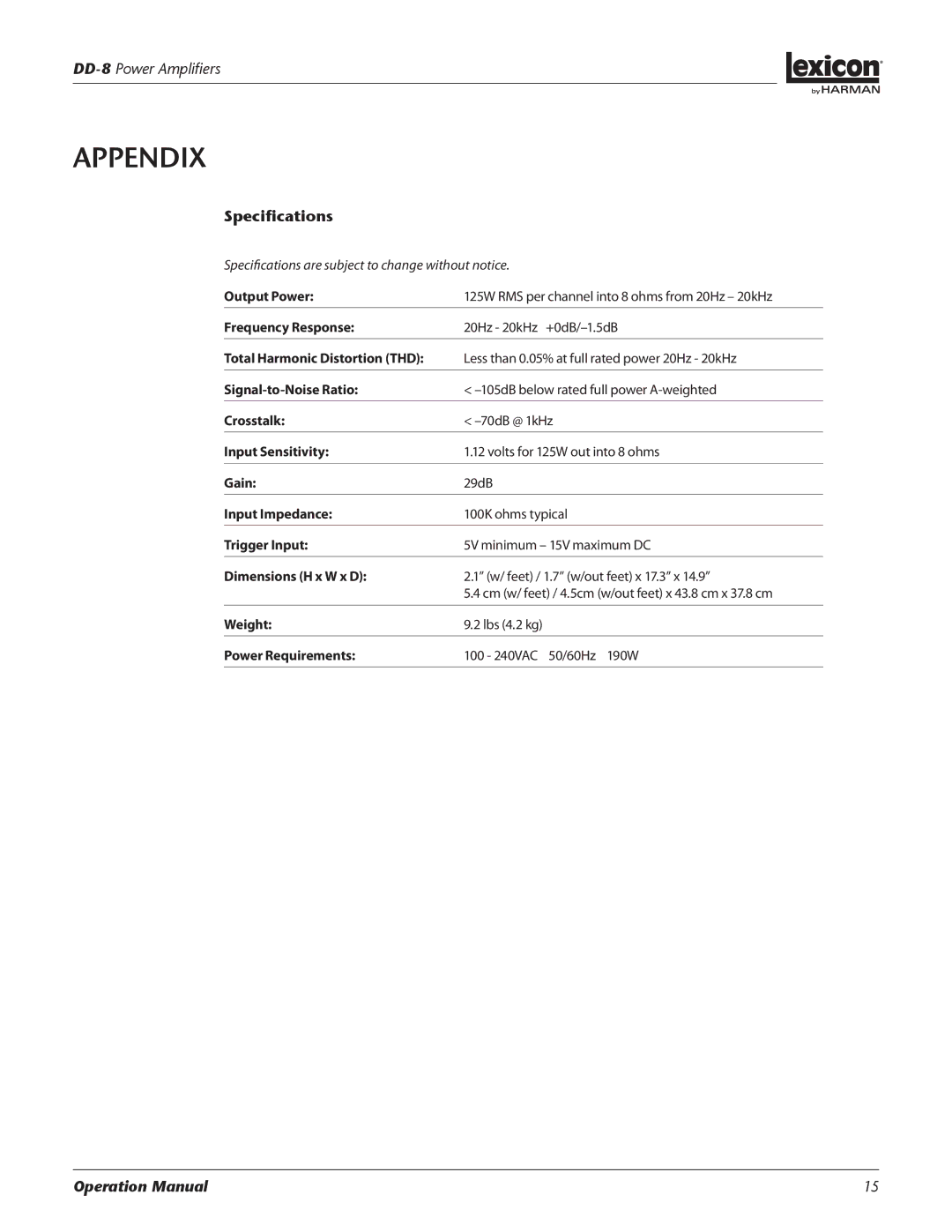 Lexicon DD-8 manual Specifications 