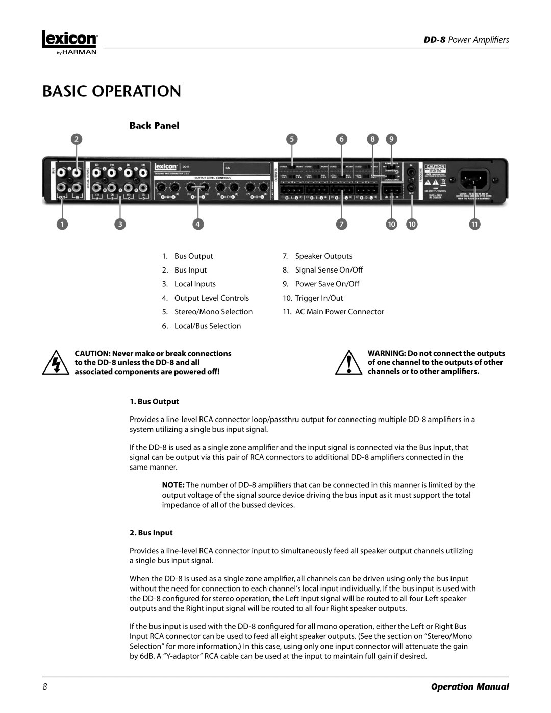 Lexicon DD-8 manual Back Panel, Bus Output, Bus Input 