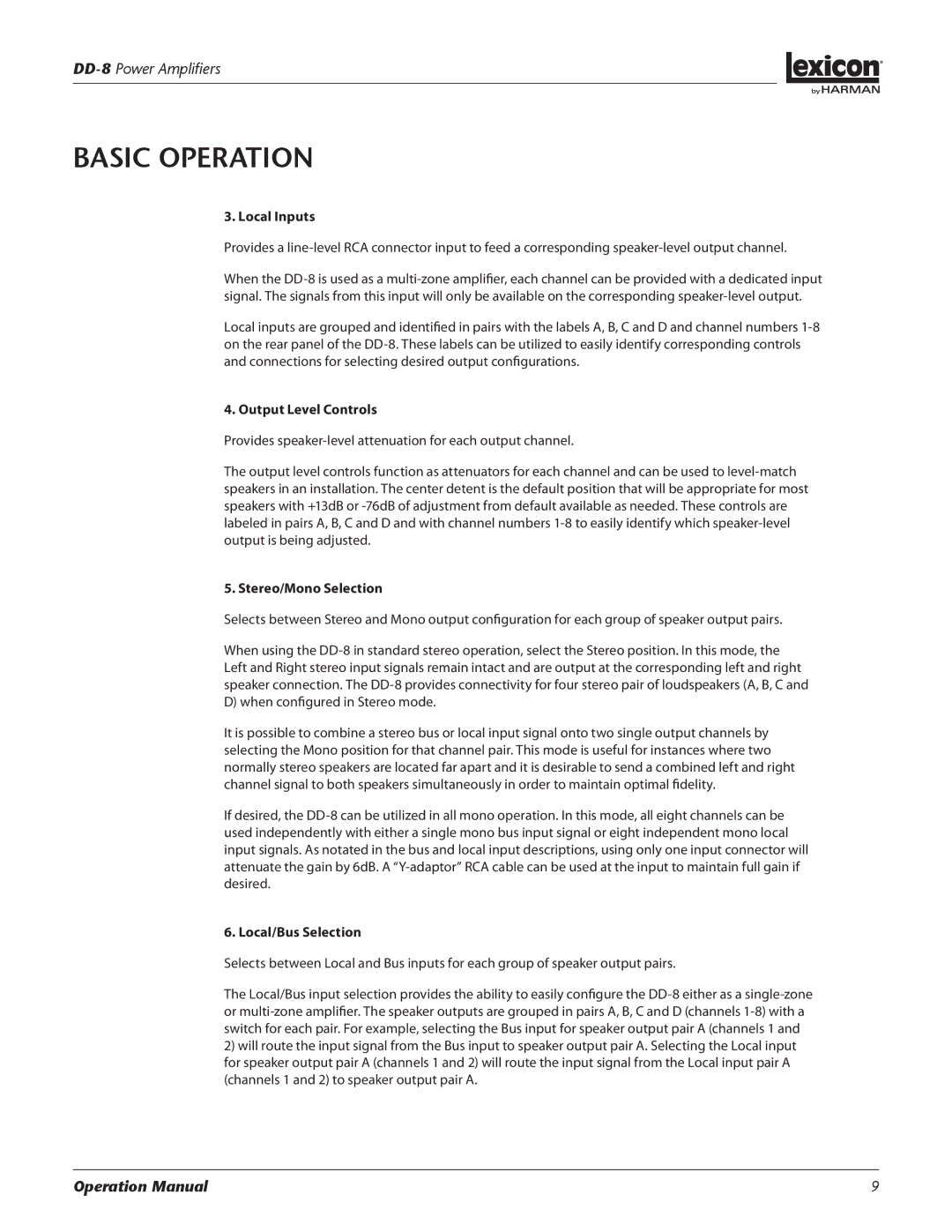 Lexicon DD-8 manual Local Inputs, Output Level Controls, Stereo/Mono Selection, Local/Bus Selection 