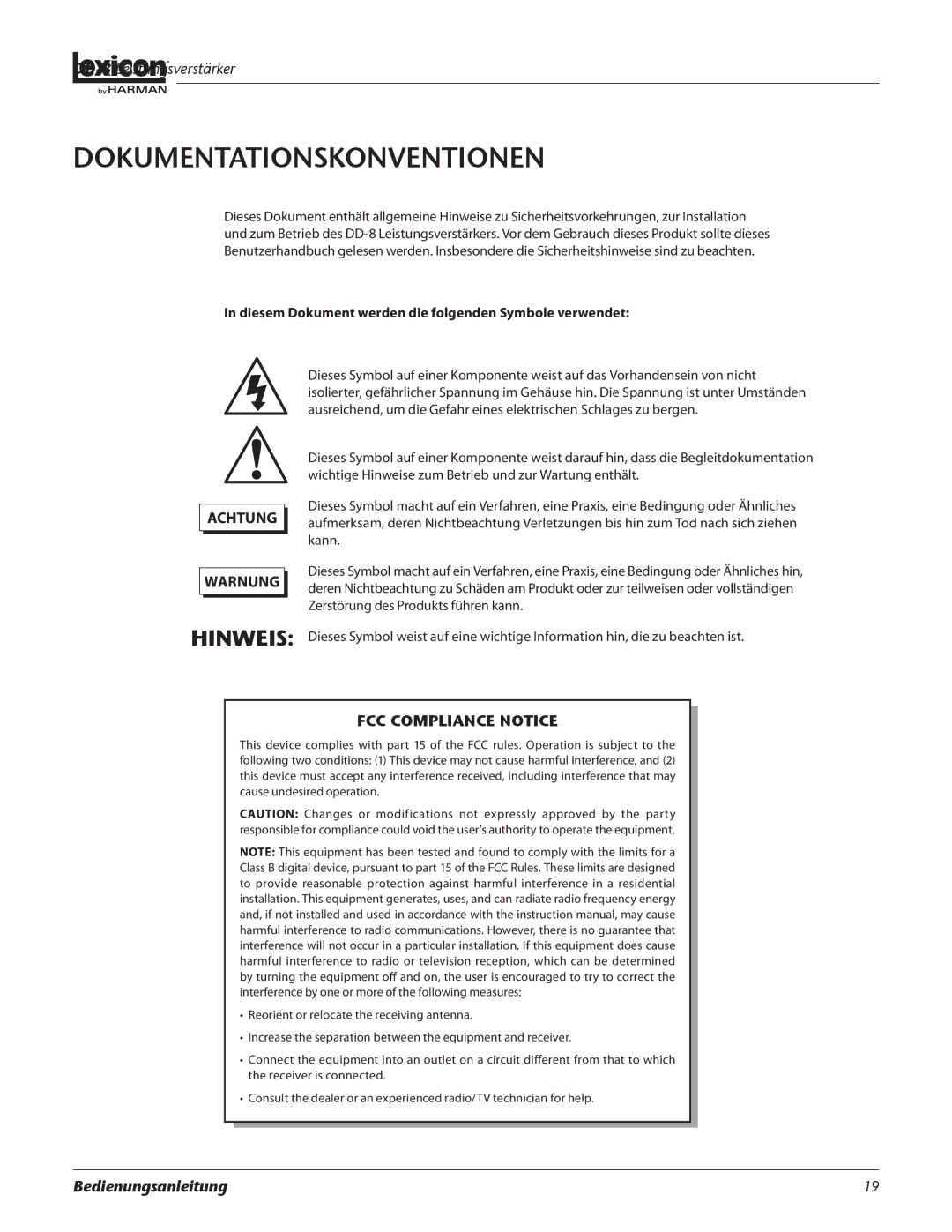 Lexicon DD-8 manual Dokumentationskonventionen, Diesem Dokument werden die folgenden Symbole verwendet 