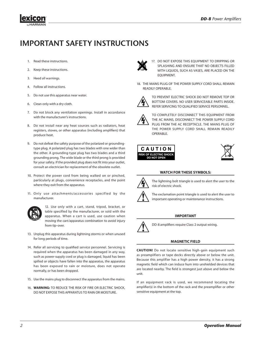 Lexicon DD-8 manual Important Safety Instructions, Watch for These Symbols 