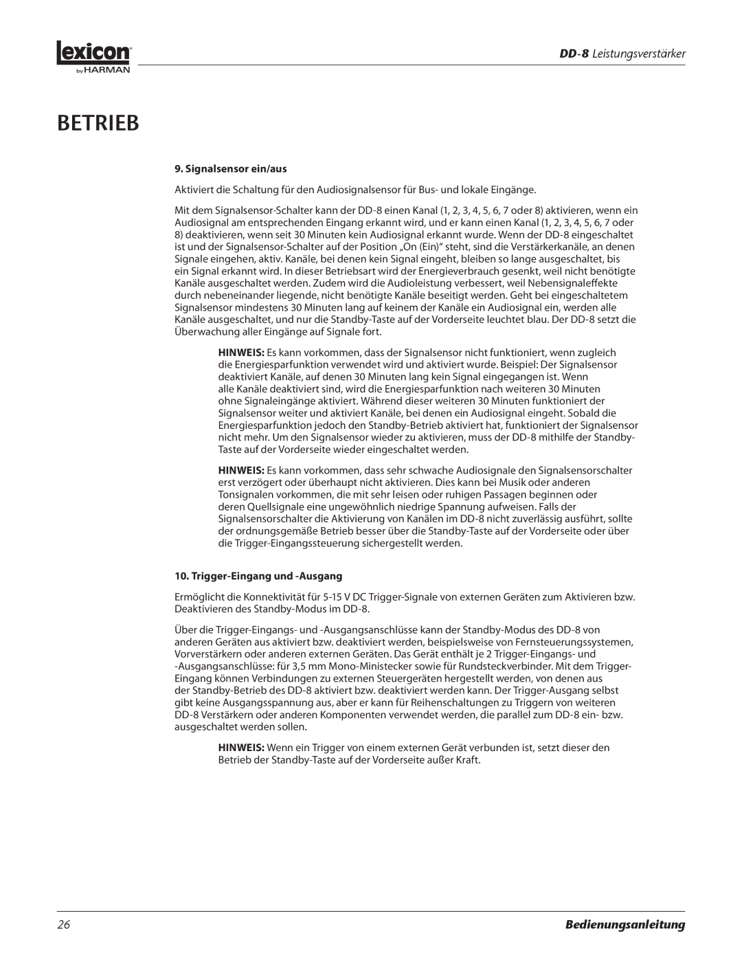 Lexicon DD-8 manual Signalsensor ein/aus, Trigger-Eingang und -Ausgang 