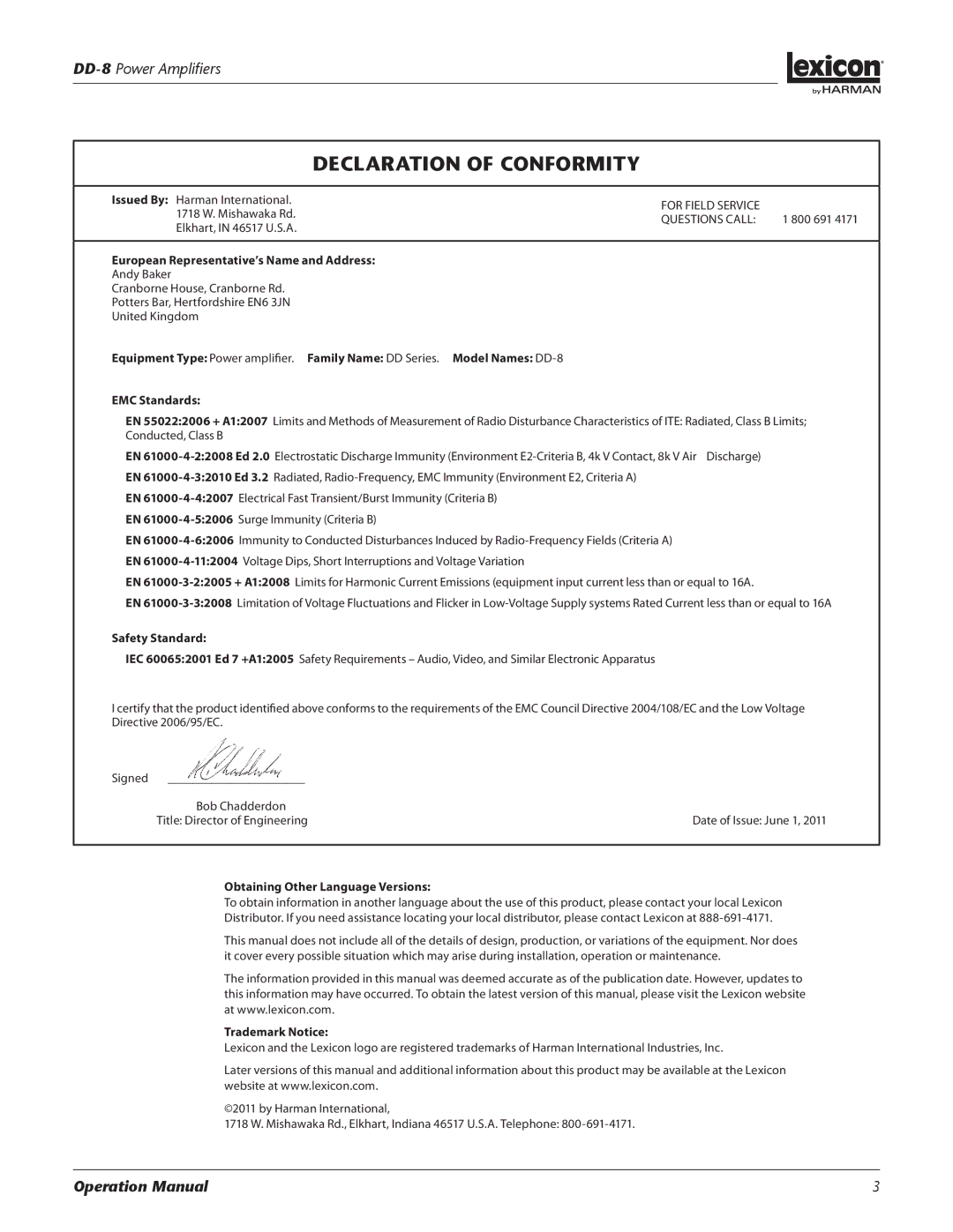 Lexicon DD-8 manual Declaration of Conformity 