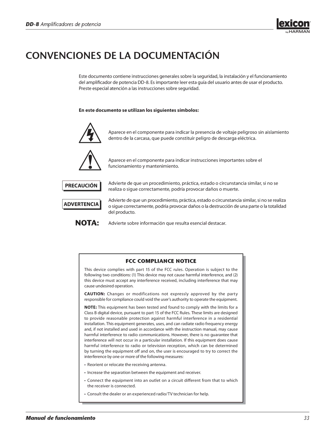 Lexicon DD-8 manual Convenciones de la documentación, En este documento se utilizan los siguientes símbolos 