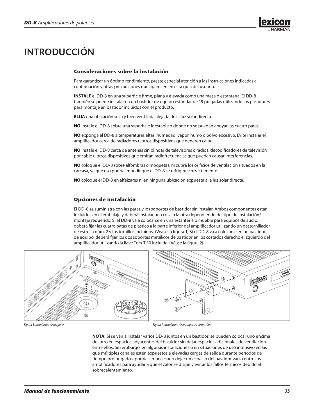 Lexicon DD-8 manual Consideraciones sobre la instalación, Opciones de instalación 