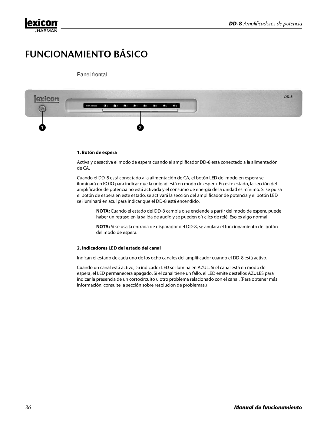 Lexicon DD-8 manual Funcionamiento básico, Panel frontal, Botón de espera, Indicadores LED del estado del canal 