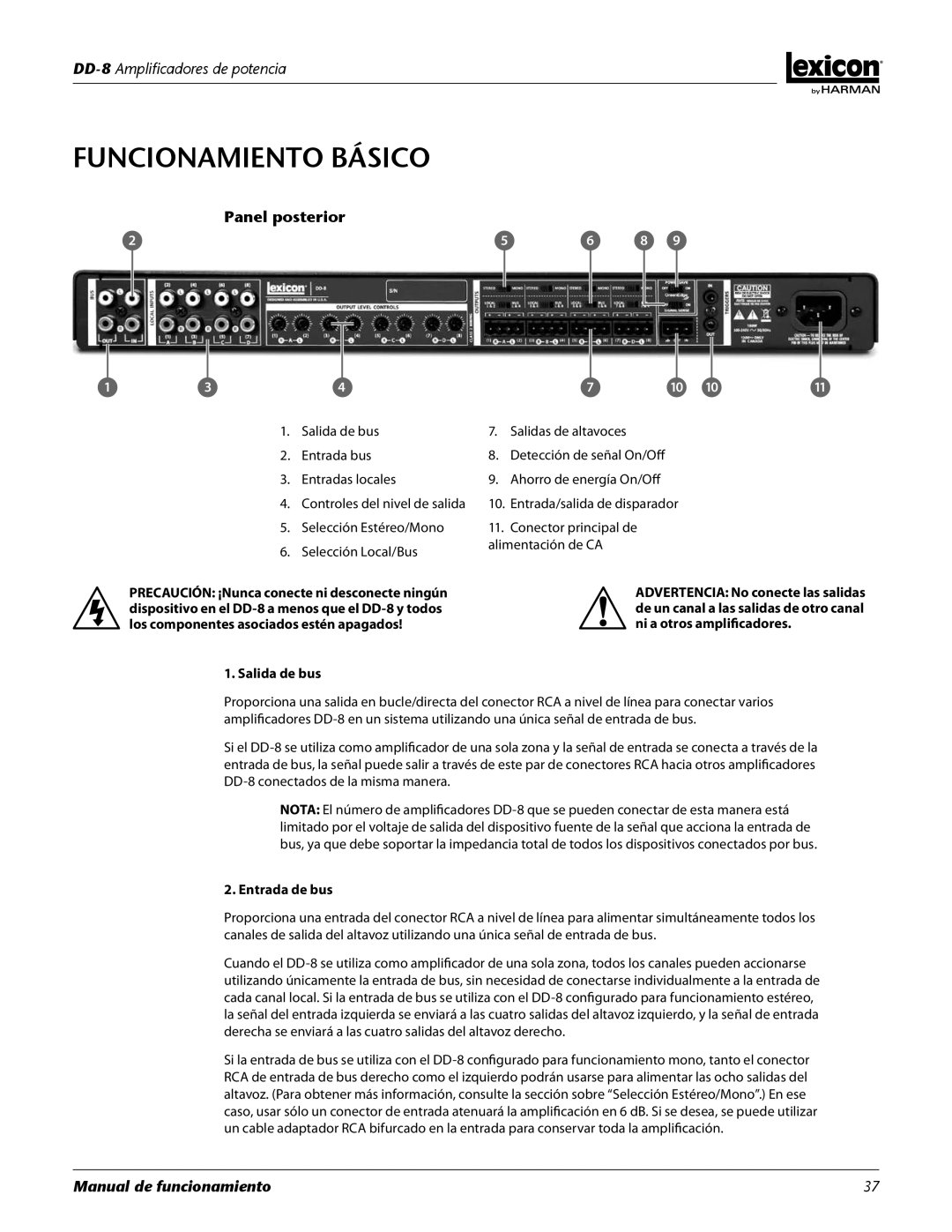 Lexicon DD-8 manual Panel posterior, Salida de bus, Entrada de bus 