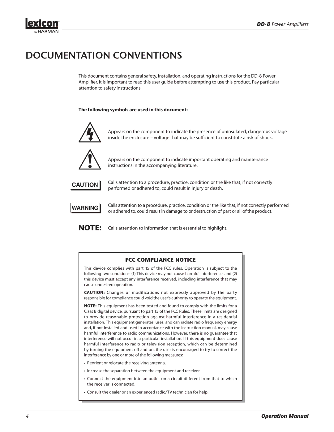 Lexicon DD-8 manual Documentation Conventions, Following symbols are used in this document 