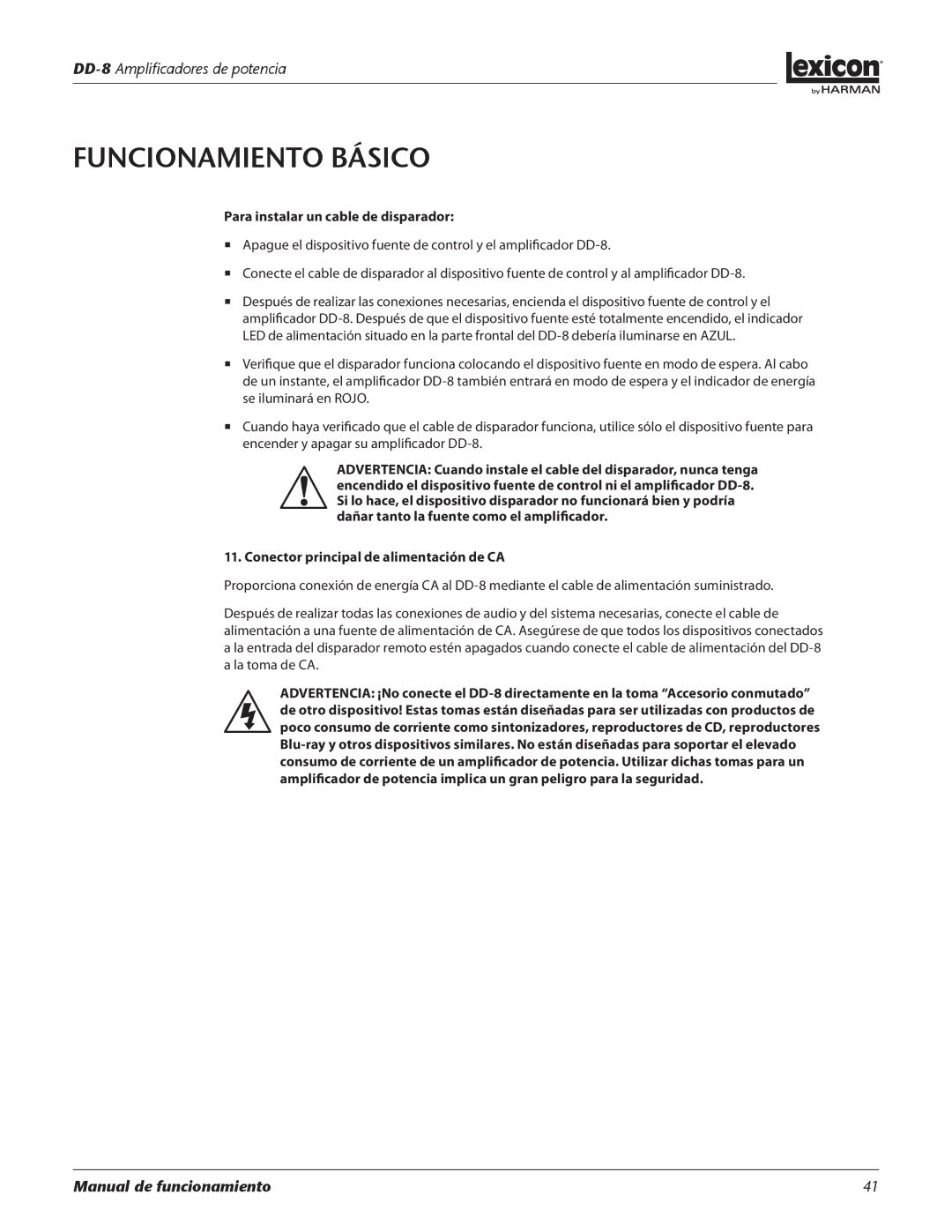 Lexicon DD-8 manual Para instalar un cable de disparador, Conector principal de alimentación de CA 