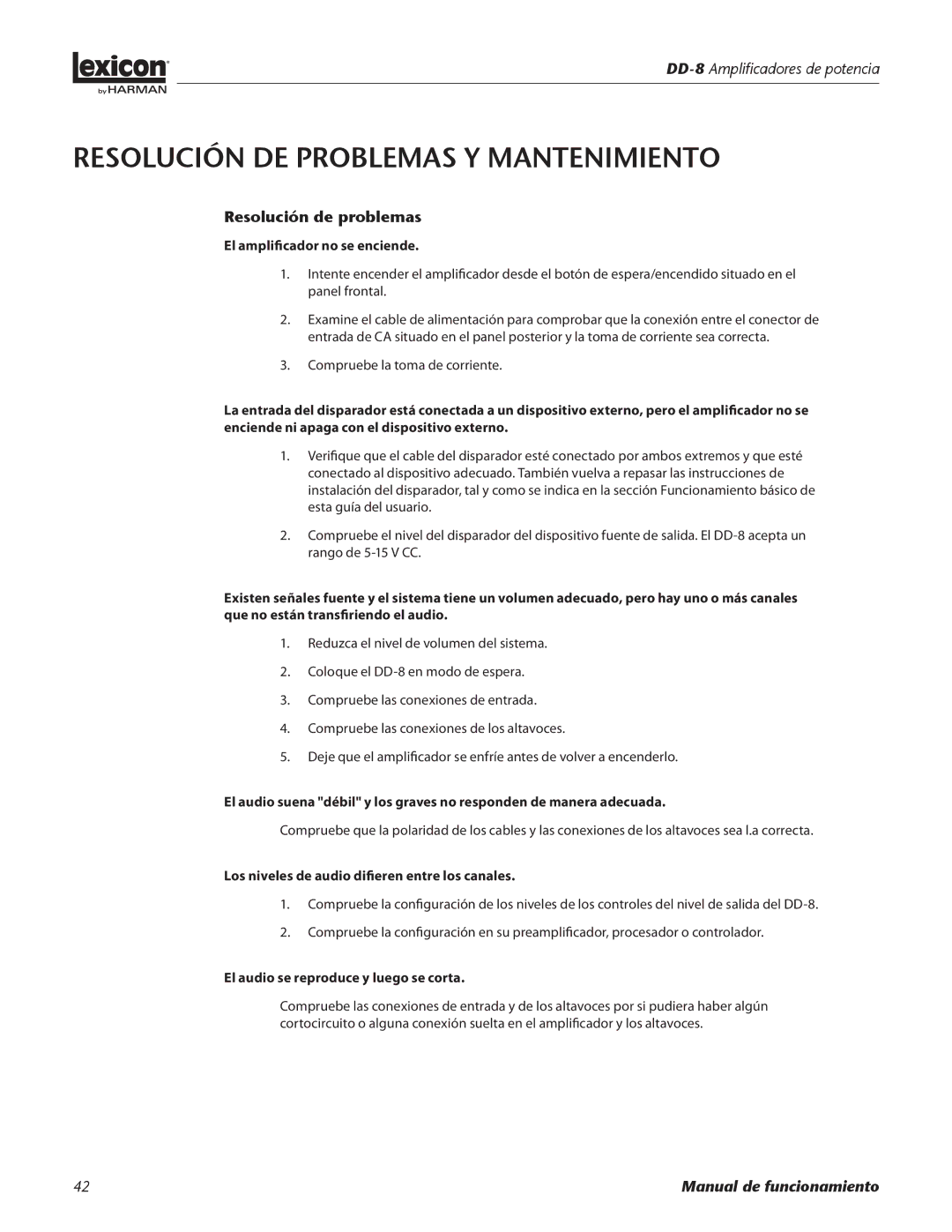 Lexicon DD-8 manual Resolución de problemas y mantenimiento, El amplificador no se enciende 