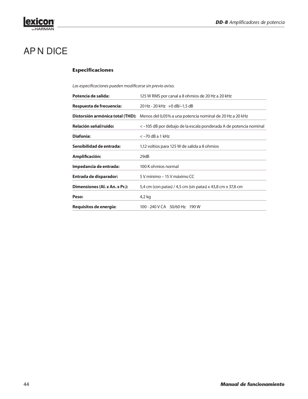 Lexicon DD-8 manual Especificaciones 