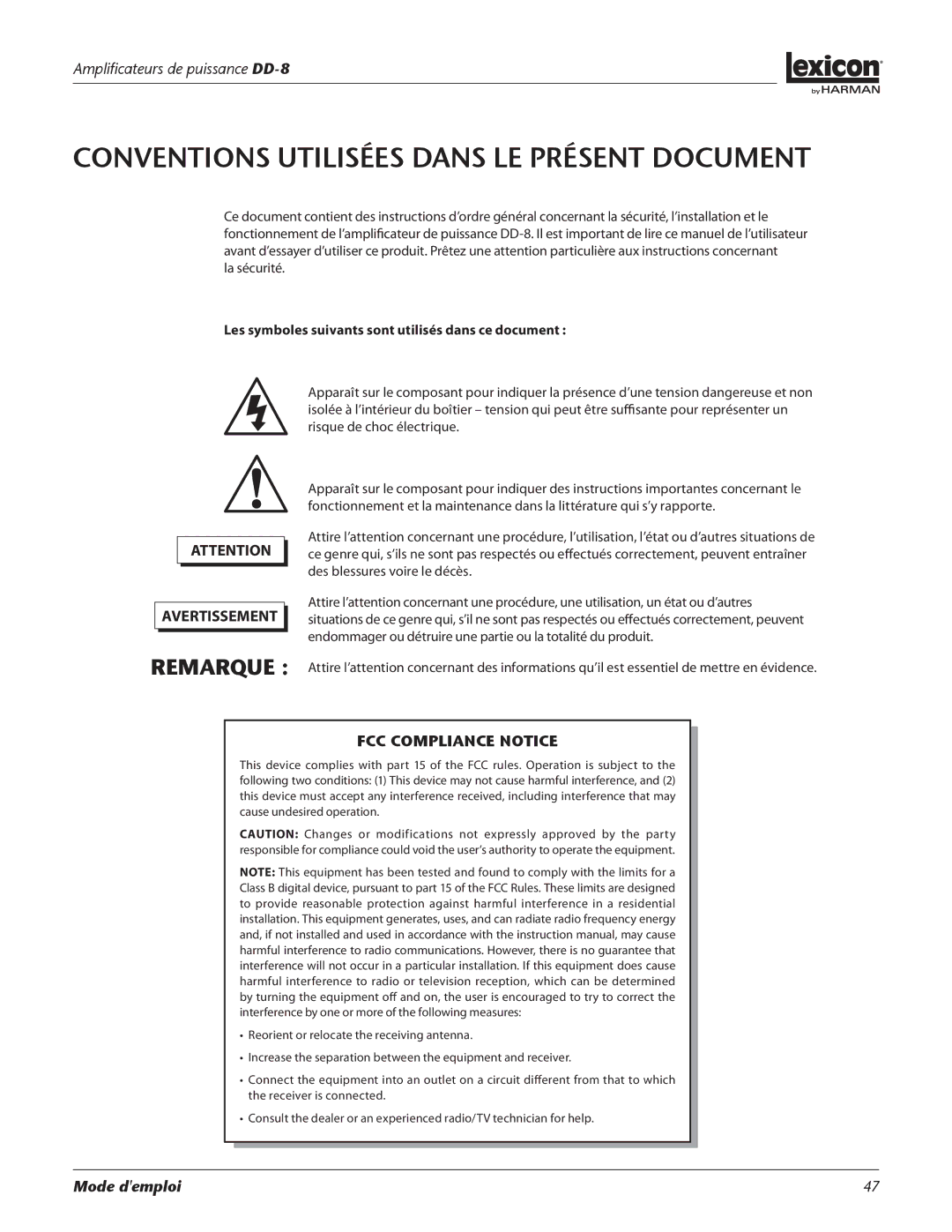 Lexicon DD-8 manual Conventions utilisées dans le présent document, Les symboles suivants sont utilisés dans ce document 