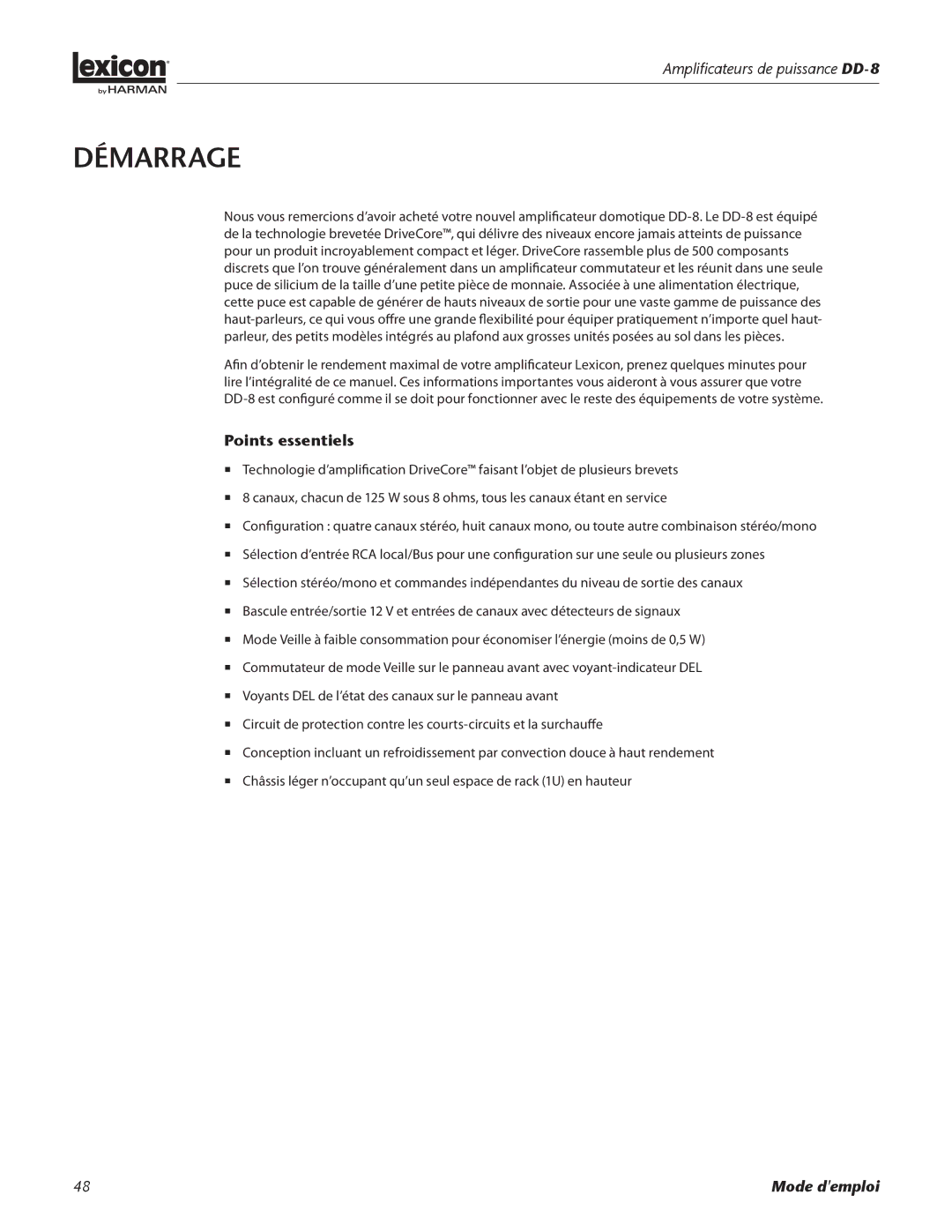 Lexicon DD-8 manual Démarrage, Points essentiels 