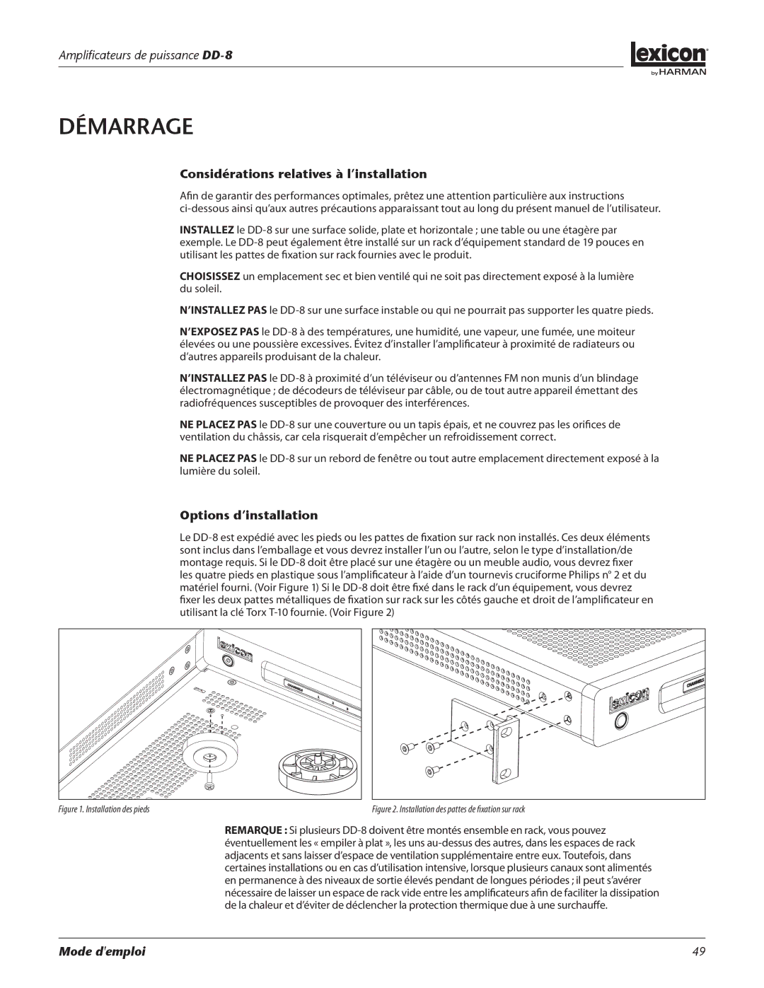 Lexicon DD-8 manual Considérations relatives à l’installation, Options d’installation 