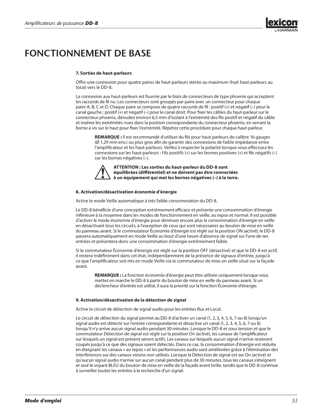 Lexicon DD-8 manual Sorties de haut-parleurs, Activation/désactivation de la détection de signal 