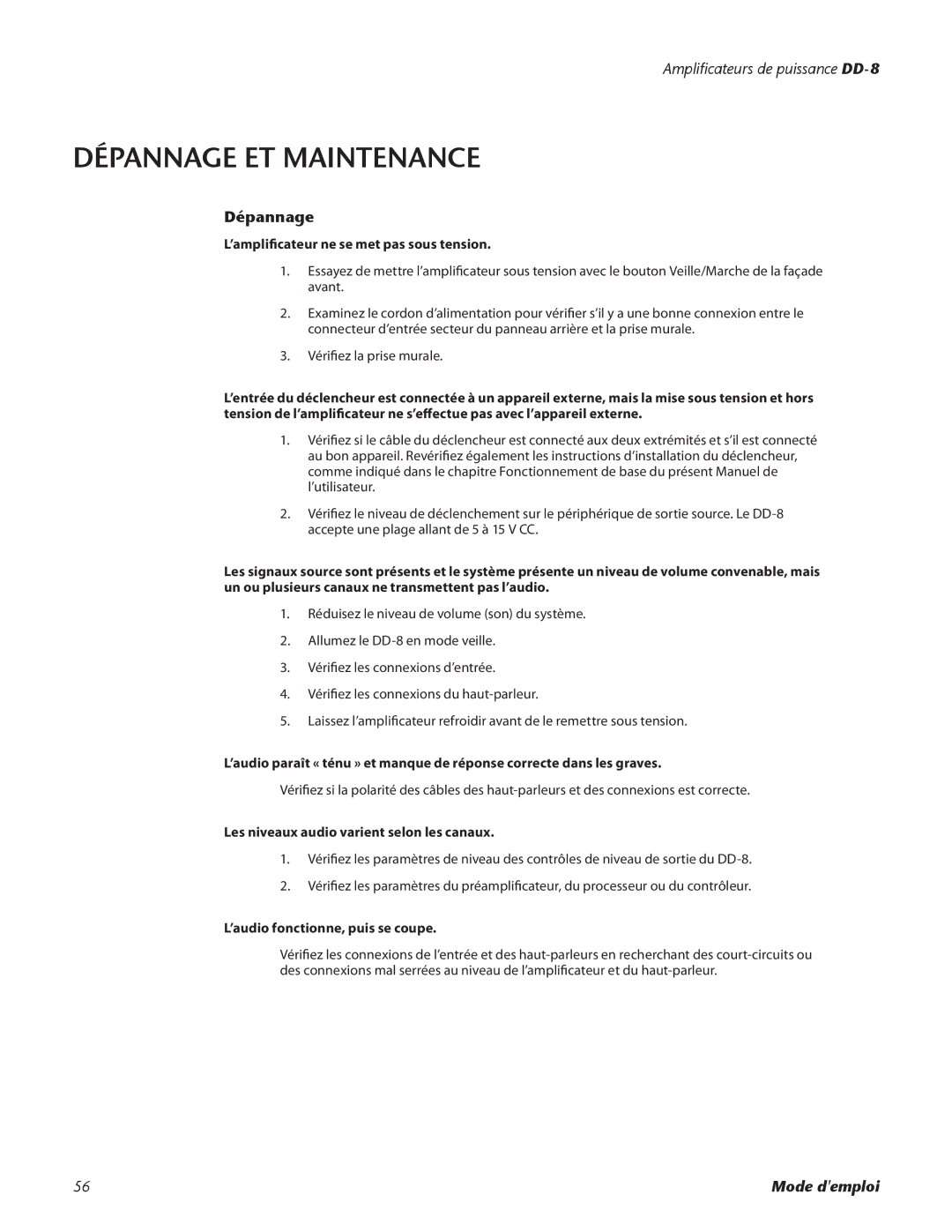 Lexicon DD-8 manual Dépannage et maintenance, ’amplificateur ne se met pas sous tension, ’audio fonctionne, puis se coupe 