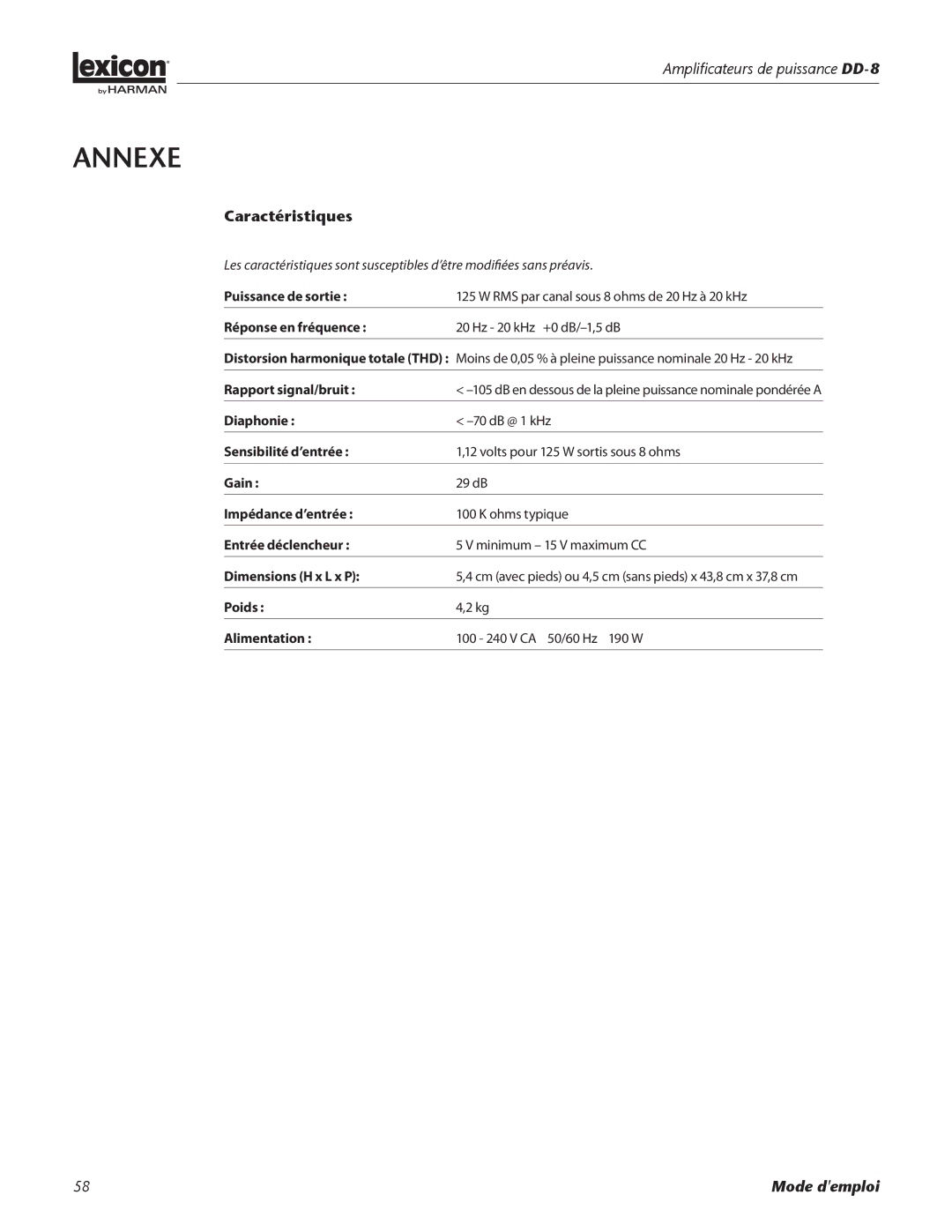 Lexicon DD-8 manual Caractéristiques, Puissance de sortie, Réponse en fréquence, Rapport signal/bruit 