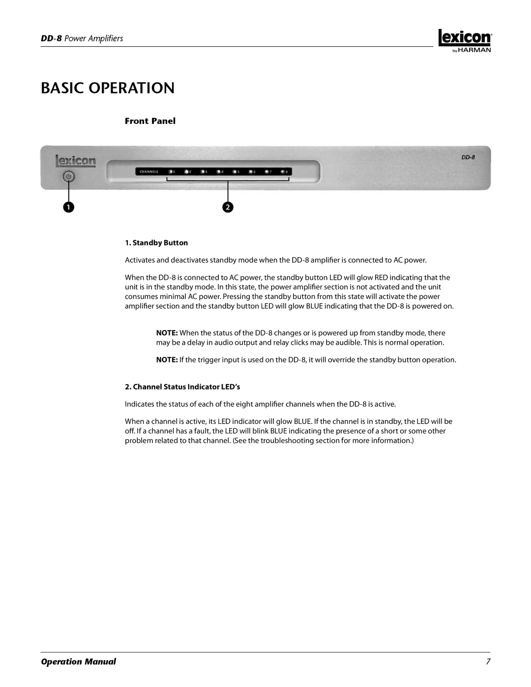 Lexicon DD-8 manual Basic Operation, Front Panel, Standby Button, Channel Status Indicator LED’s 