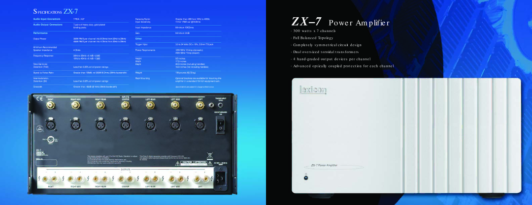 Lexicon GX-7 specifications ZX-7Power Amplifier, Specifications ZX-7 