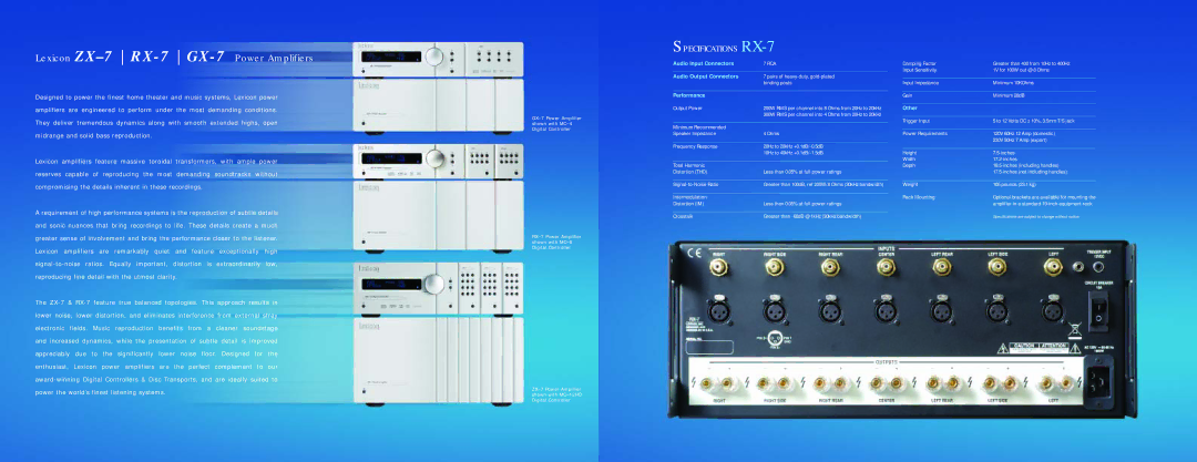 Lexicon specifications Lexicon ZX-7RX-7GX-7Power Amplifiers, Specifications RX-7 