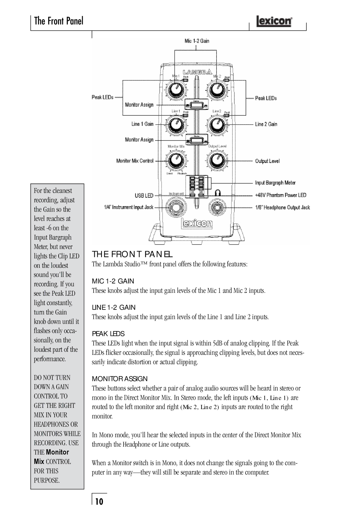 Lexicon Lambda Desktop Recording Studio owner manual Front Panel, Front PaneL, Down a Gain 