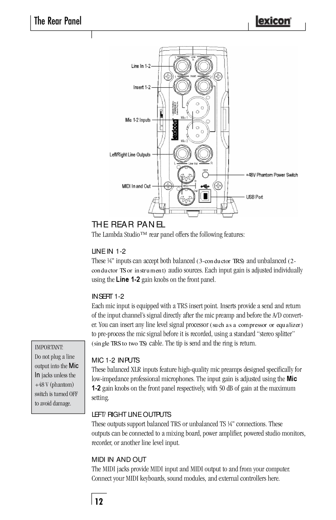 Lexicon Lambda Desktop Recording Studio Rear Panel, REAr PaneL, Lambda Studio rear panel offers the following features 