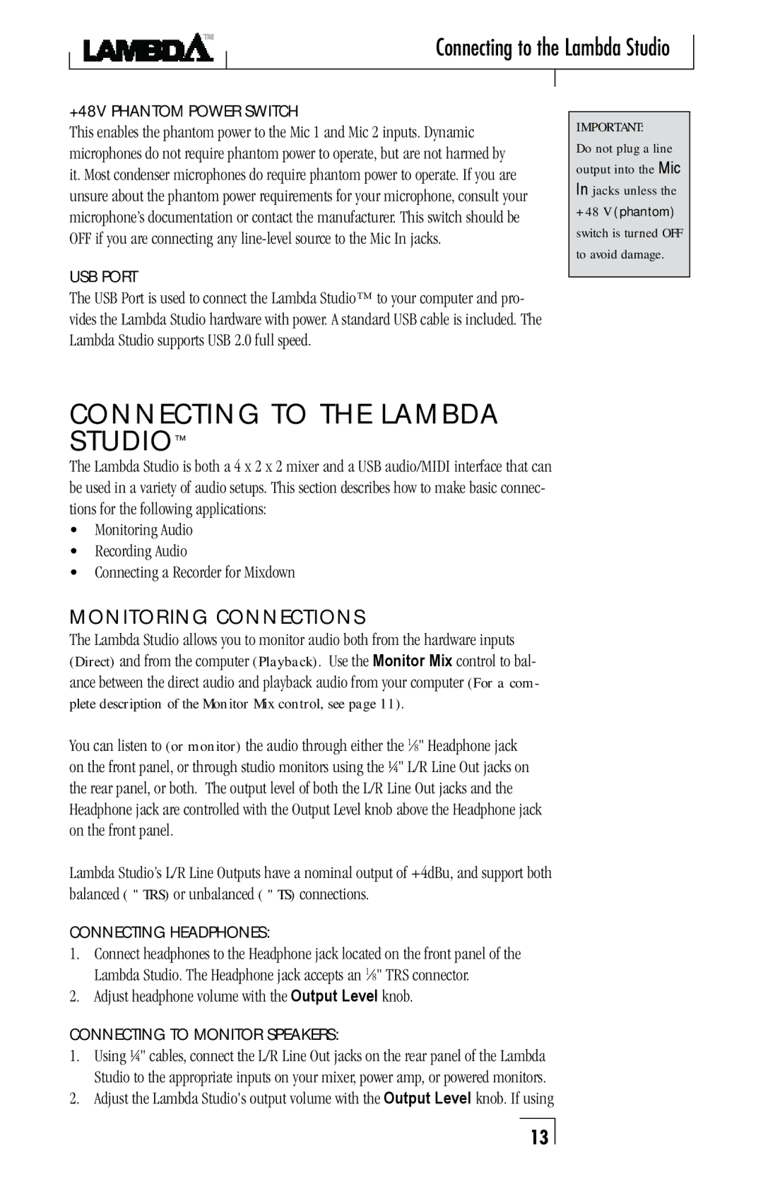 Lexicon Lambda Desktop Recording Studio MonitorinG connections, Adjust headphone volume with the Output Level knob 