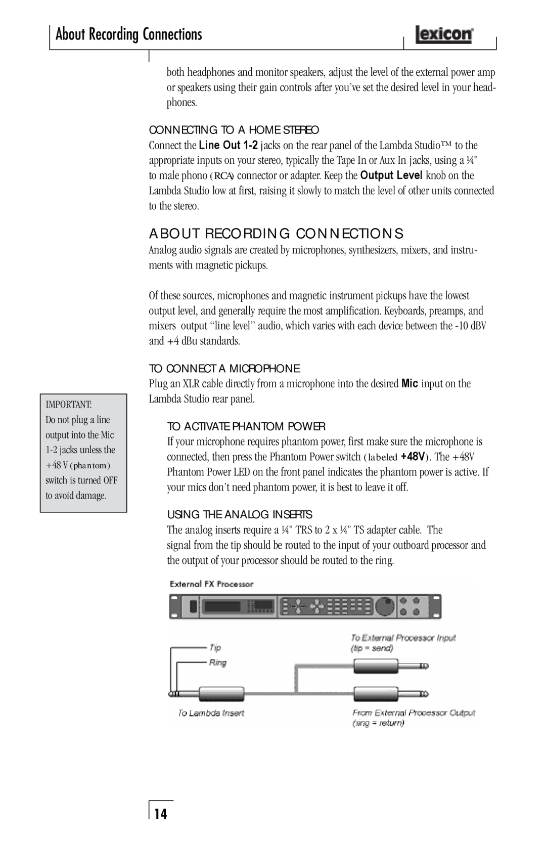 Lexicon Lambda Desktop Recording Studio owner manual About Recording Connections, ABout RecorDinG connections 