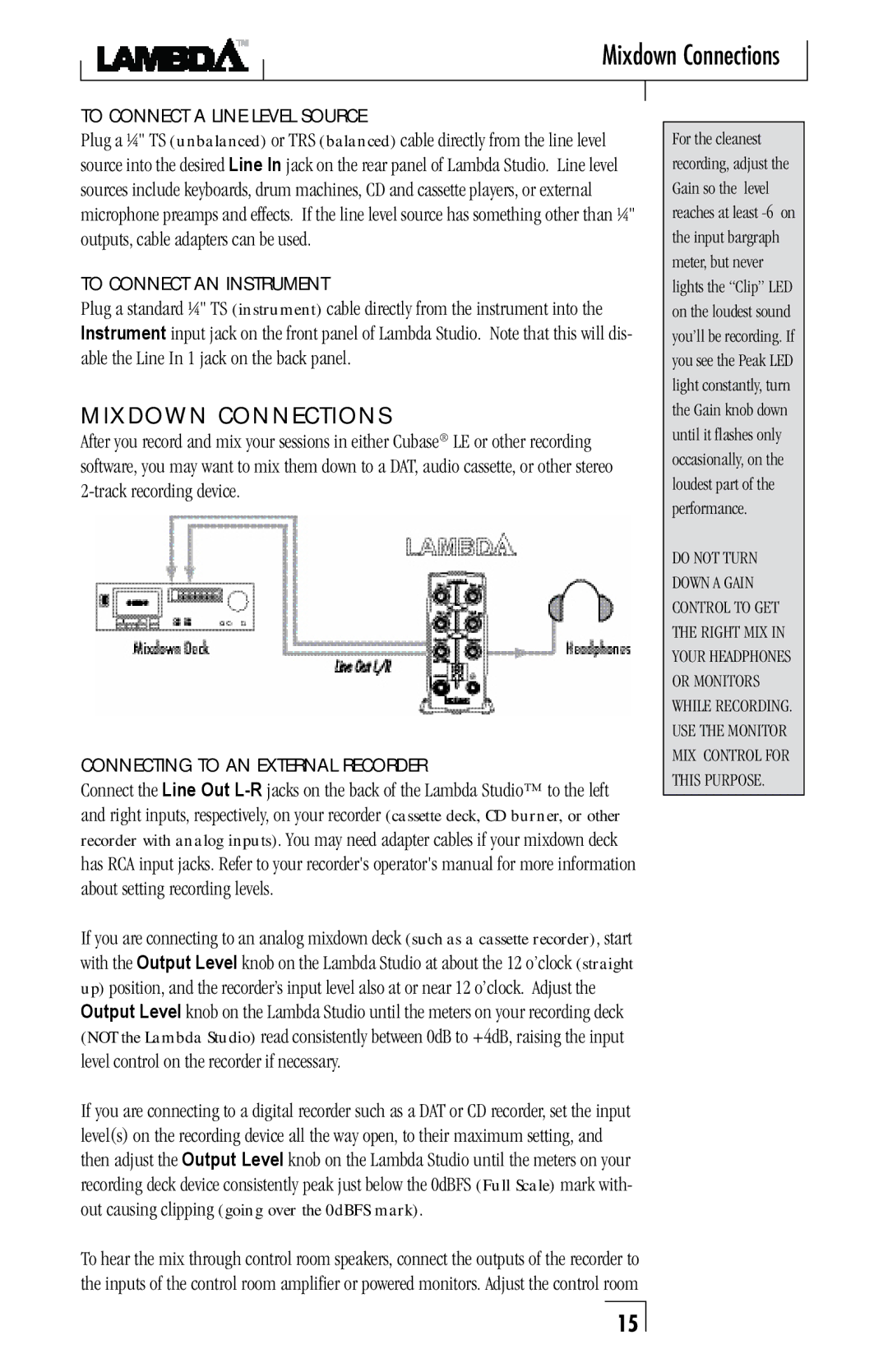 Lexicon Lambda Desktop Recording Studio Mixdown Connections, MiXDown Connections, Connecting to an eXternal recorder 