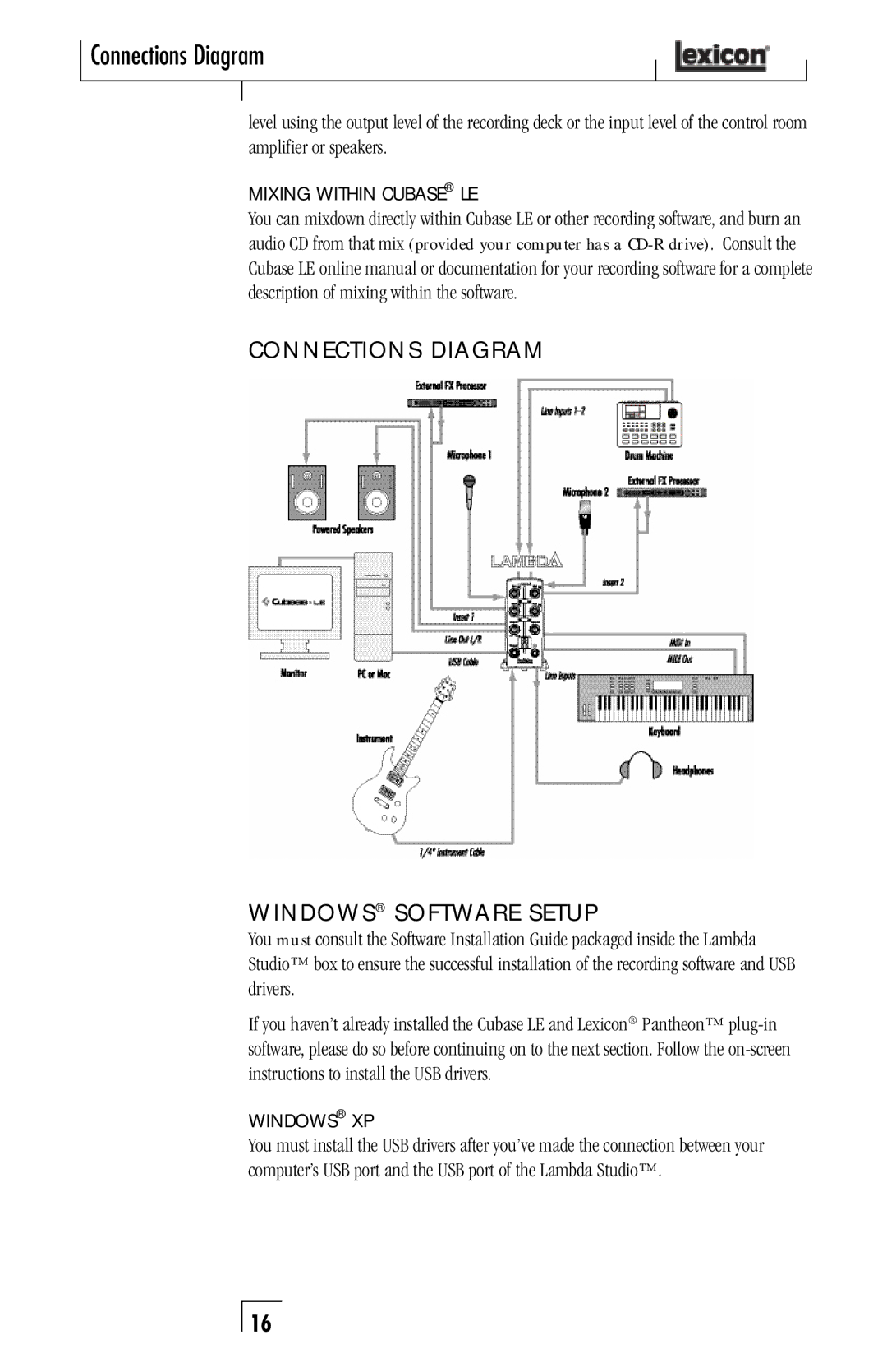 Lexicon Lambda Desktop Recording Studio owner manual Connections Diagram, Connections DiaGram WinDows Software setup 