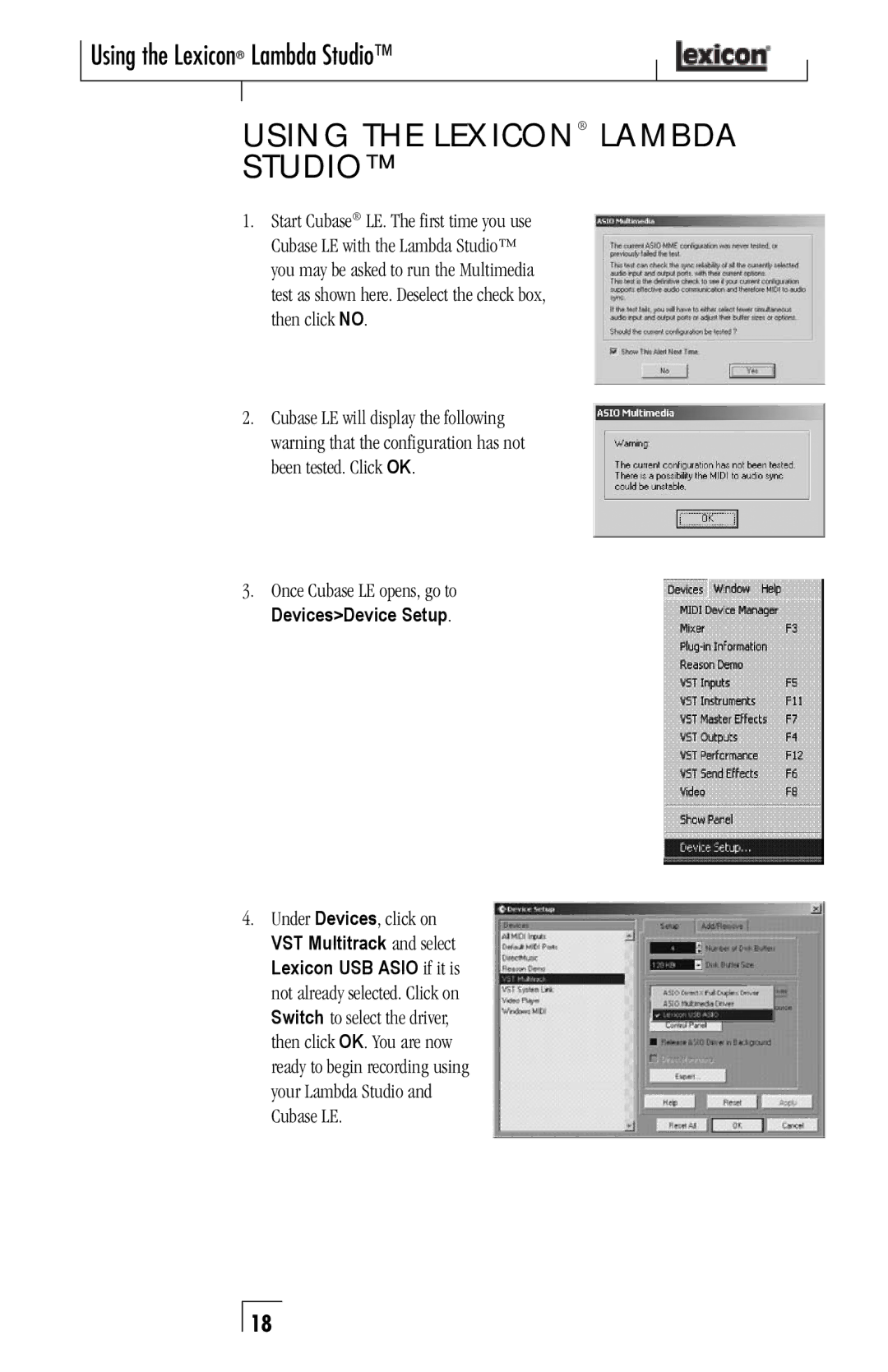 Lexicon Lambda Desktop Recording Studio owner manual Using the Lexicon Lambda Studio, Once Cubase LE opens, go to 