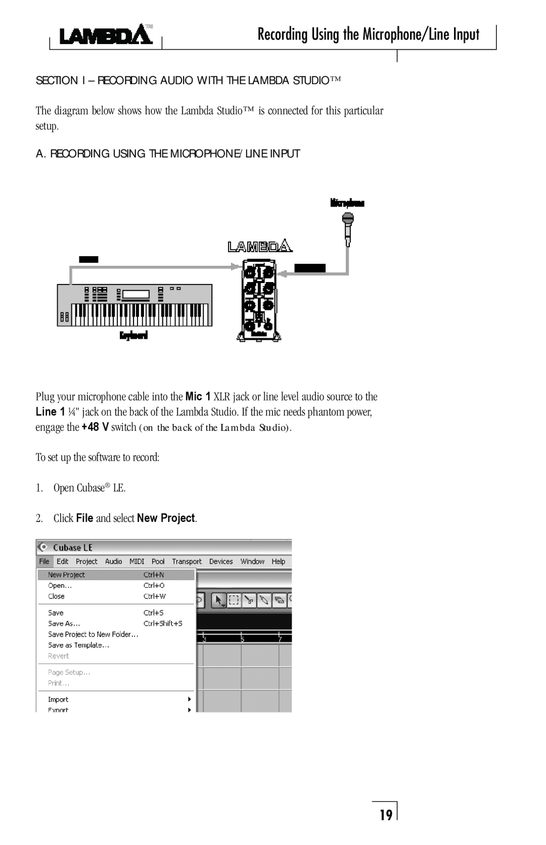 Lexicon Lambda Desktop Recording Studio owner manual Recording Using the Microphone/Line Input 