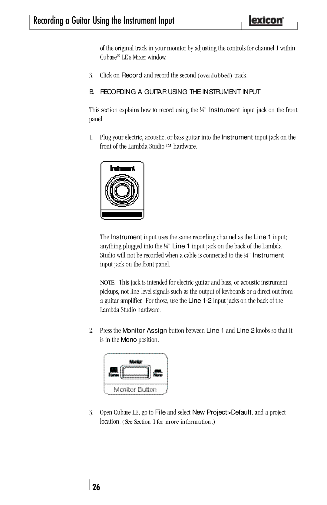 Lexicon Lambda Desktop Recording Studio owner manual Recording a Guitar Using the Instrument Input 