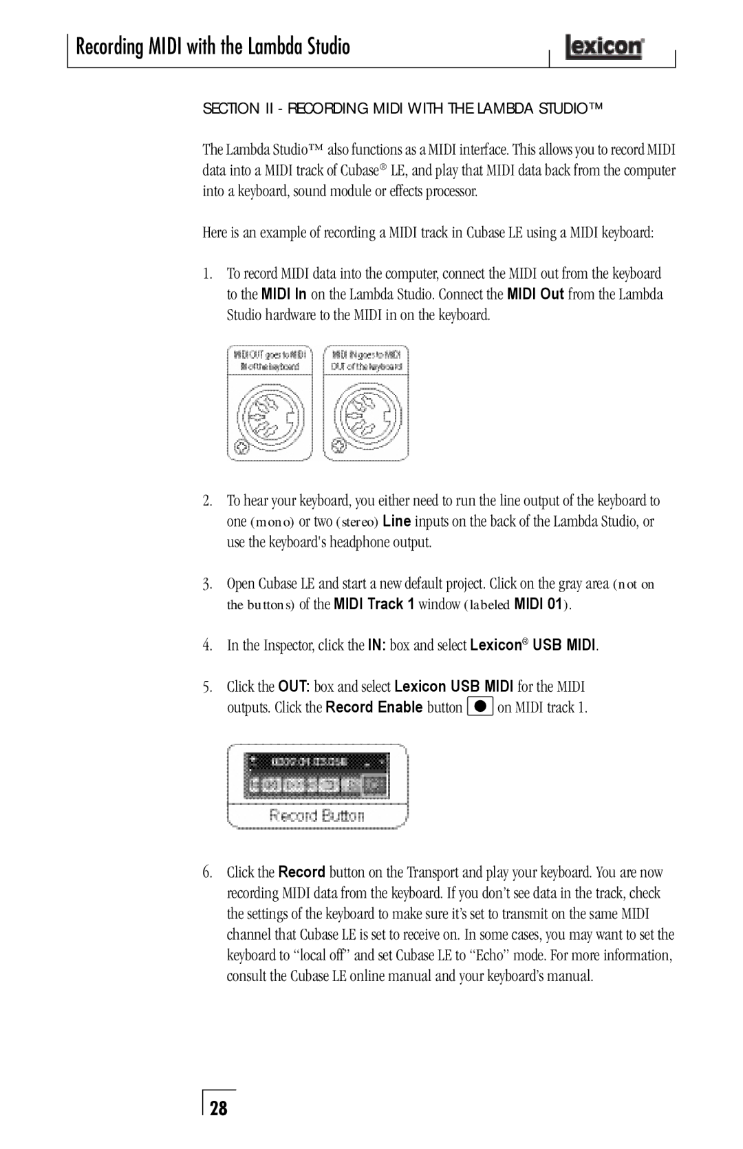 Lexicon Lambda Desktop Recording Studio owner manual Recording Midi with the Lambda Studio 