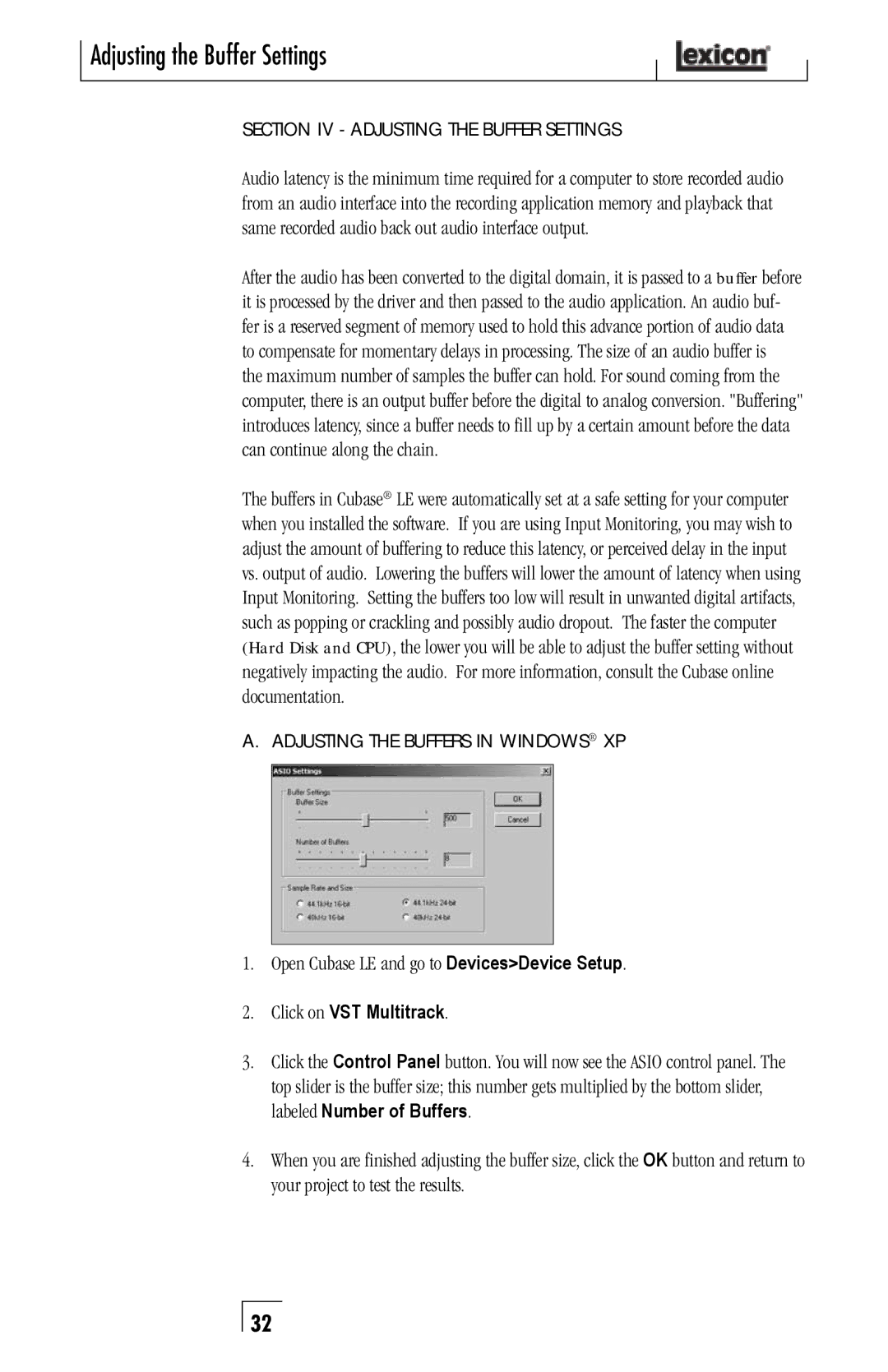 Lexicon Lambda Desktop Recording Studio Adjusting the Buffer Settings, Open Cubase LE and go to DevicesDevice Setup 