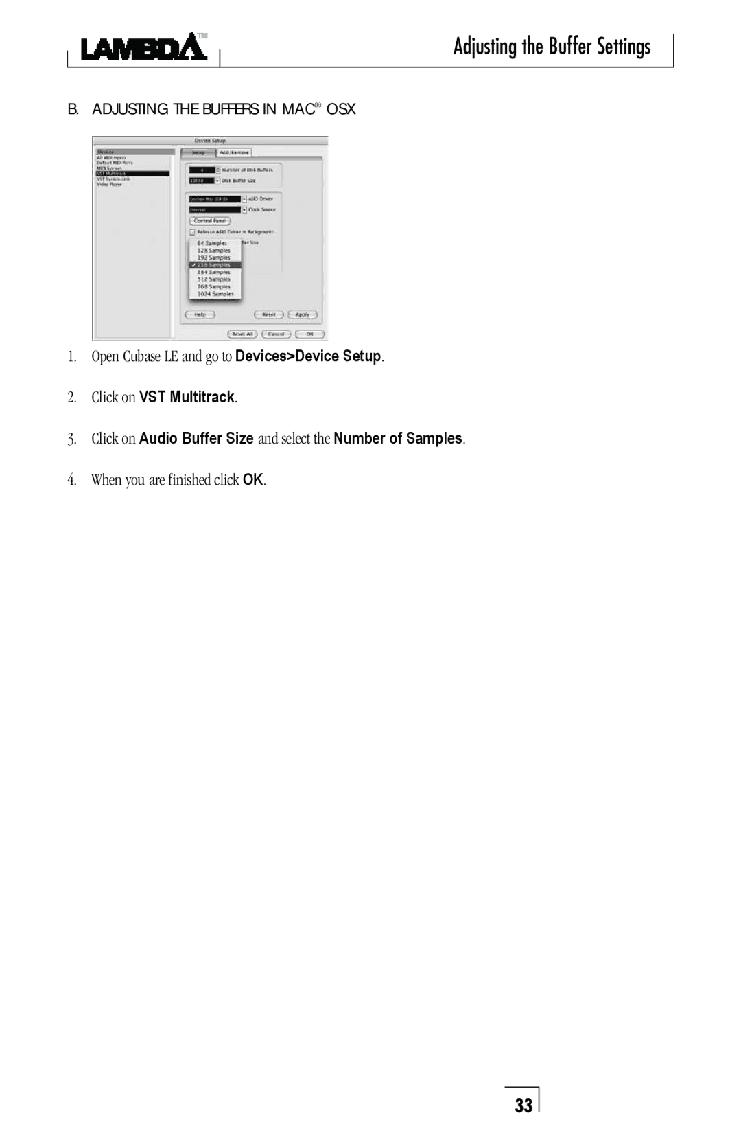 Lexicon Lambda Desktop Recording Studio owner manual When you are finished click OK, Adjusting the Buffers in MAC osX 