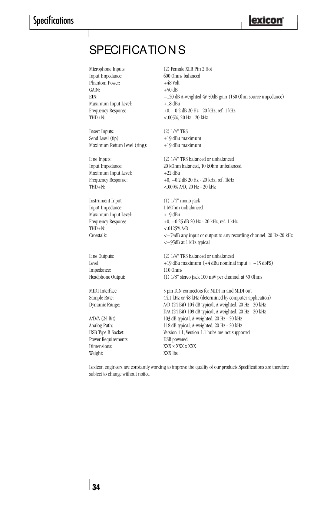 Lexicon Lambda Desktop Recording Studio owner manual Specifications 