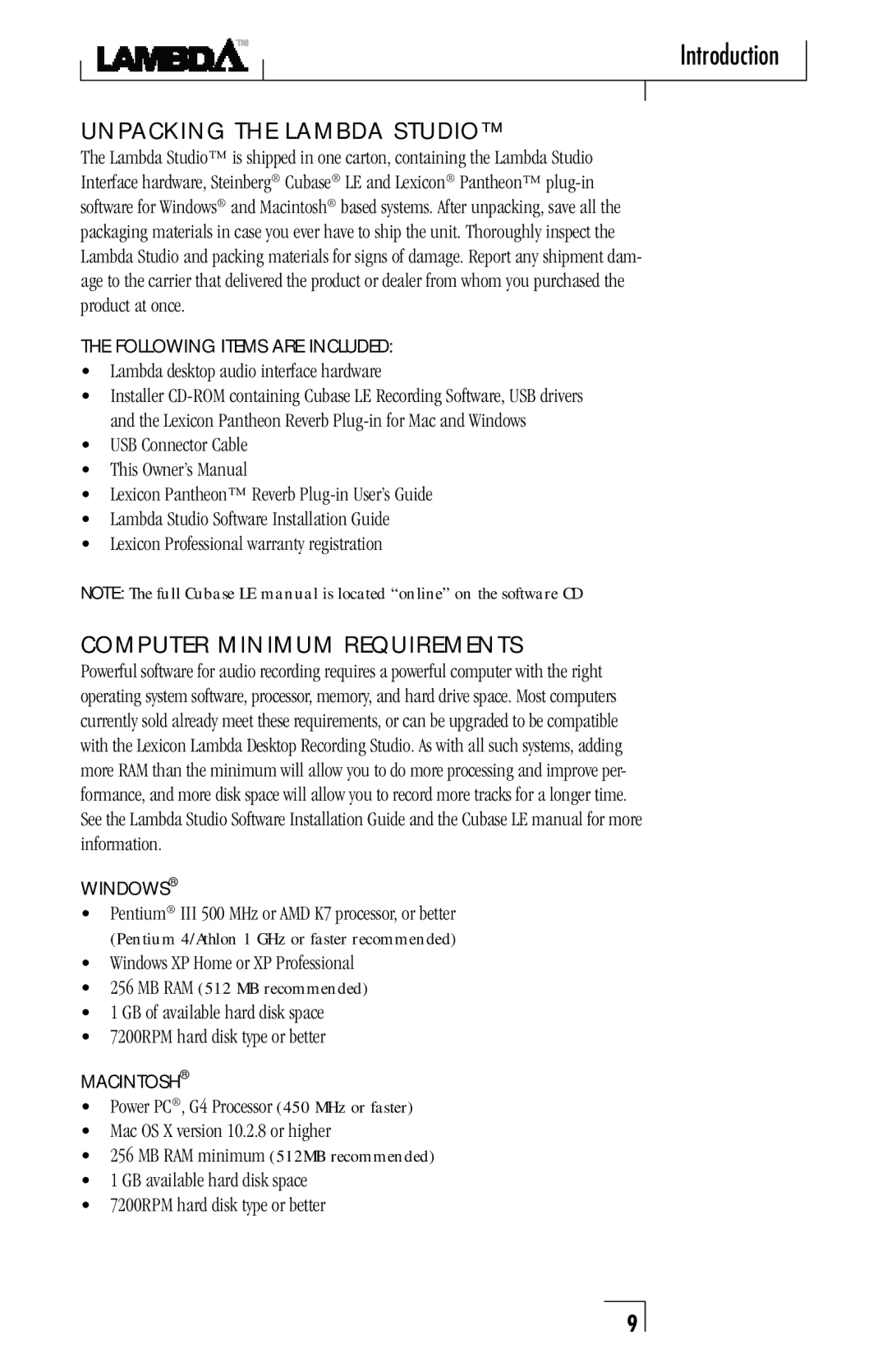 Lexicon Lambda Desktop Recording Studio owner manual UnpacKinG tHe LamBDa Studio, Computer minimum reQuirements 