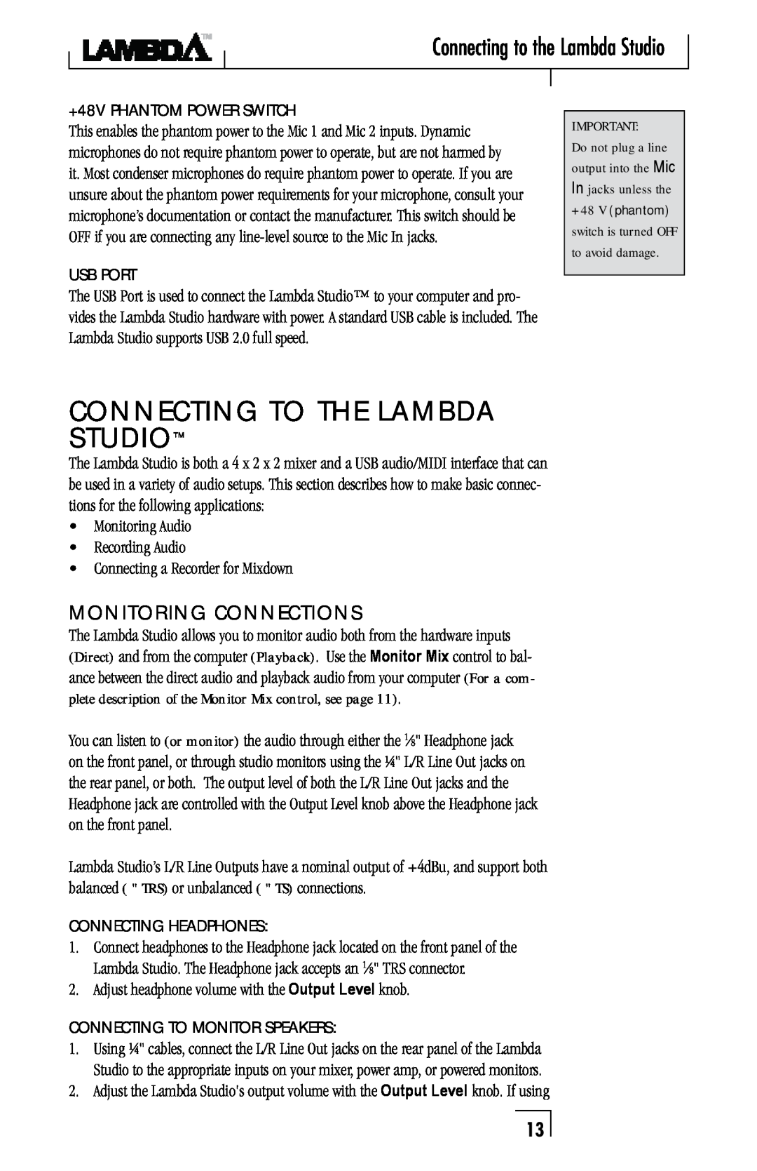 Lexicon Lambda Desktop Recording Studio owner manual ConnectinG to tHe LamBDa stuDio, MonitorinG connections 