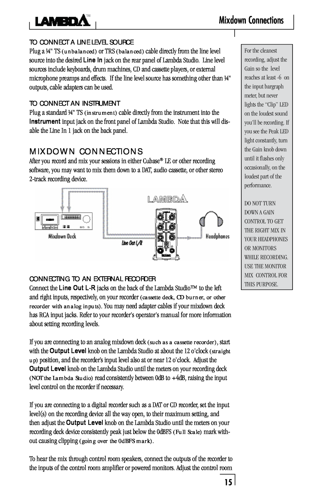 Lexicon Lambda Desktop Recording Studio owner manual Mixdown Connections, MiXDown Connections 