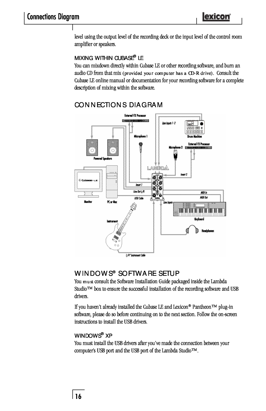 Lexicon Lambda Desktop Recording Studio owner manual Connections Diagram, connections DiaGram WinDows Software setup 